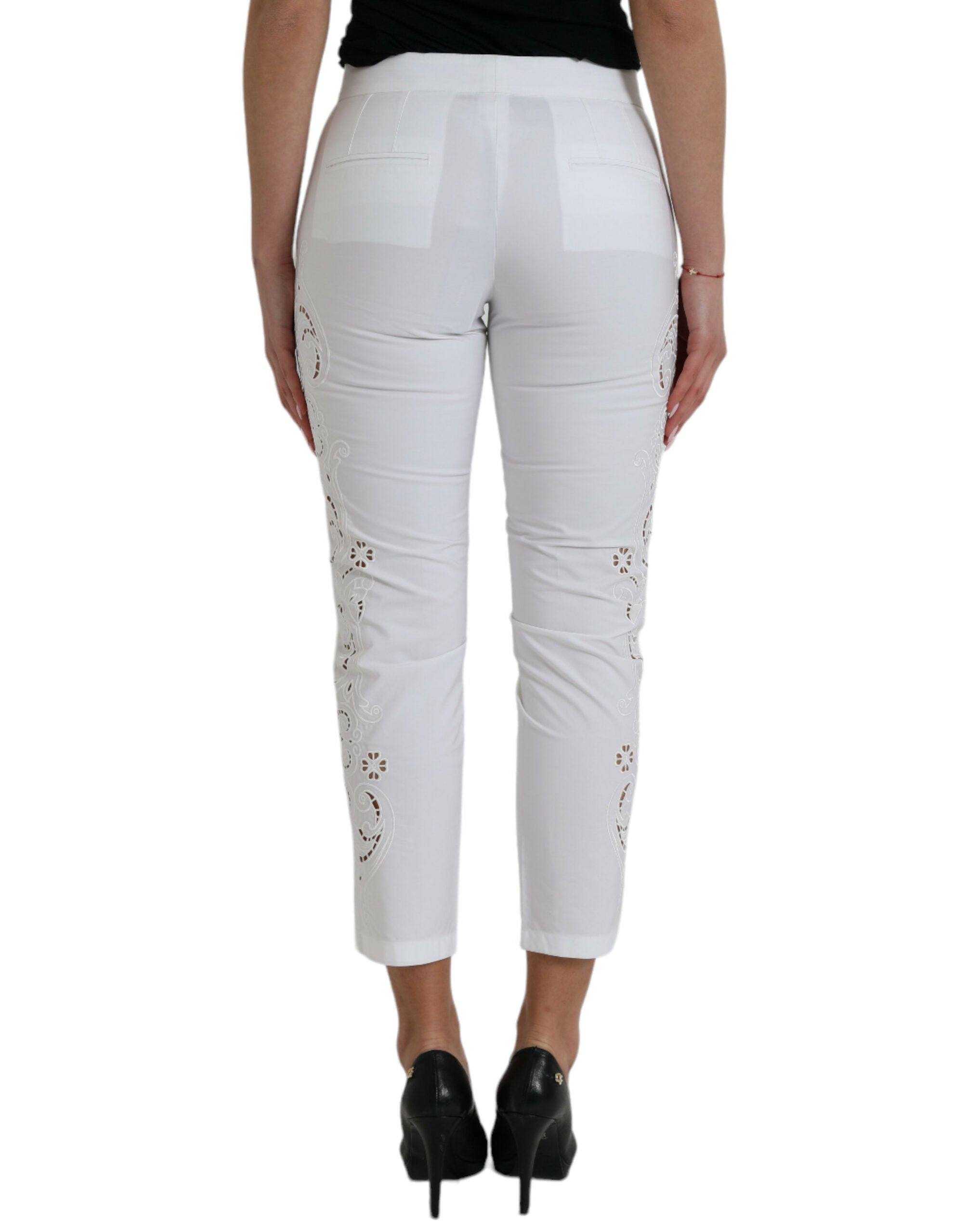 White Cut Out Cotton Mid Waist Cropped Pants - ventzia