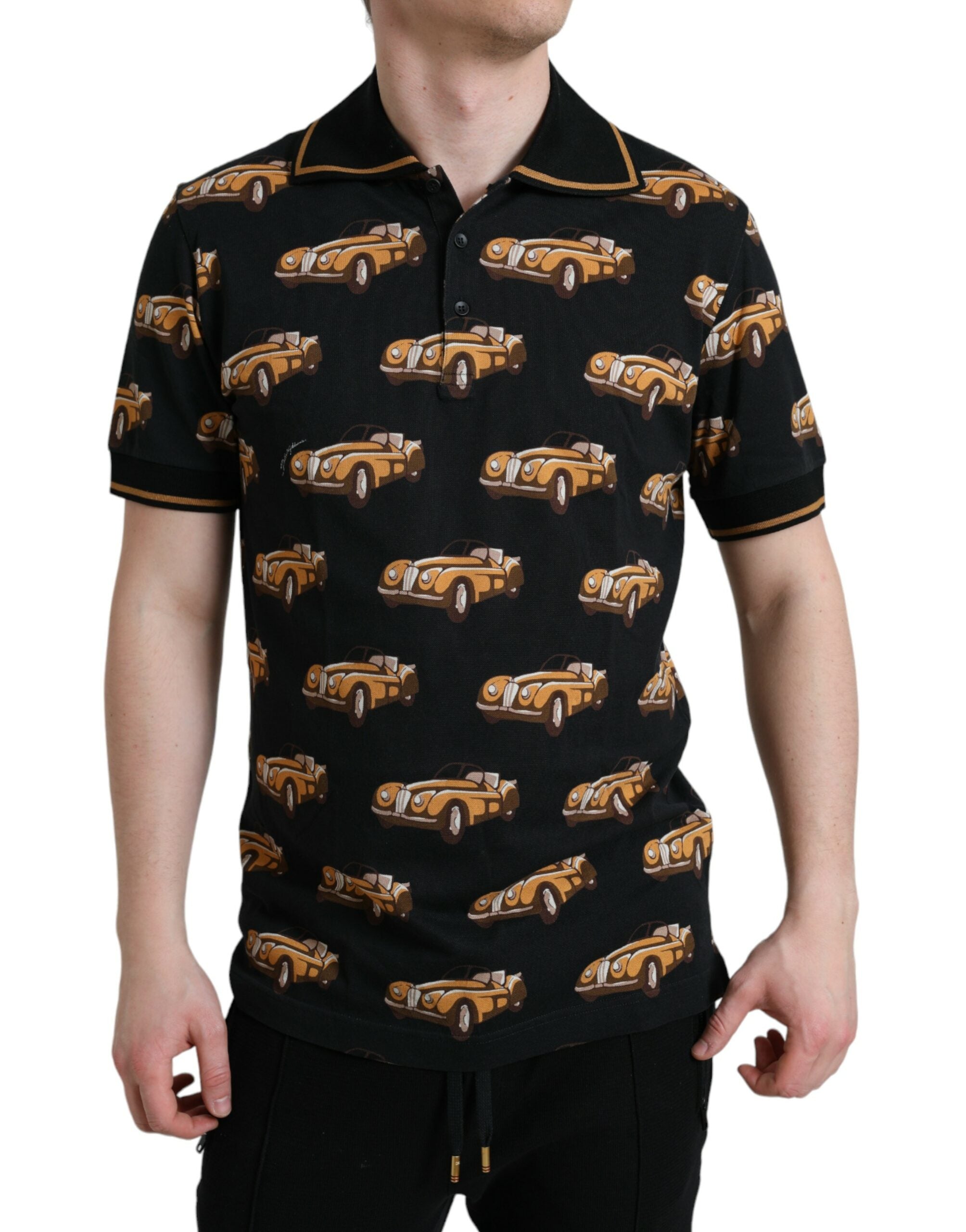 Black Car Print Short Sleeve Polo T-shirt - ventzia