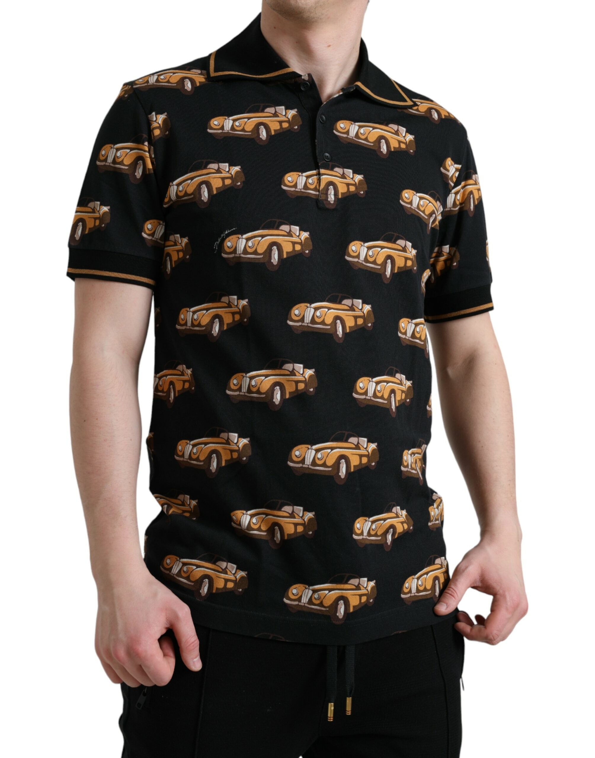 Black Car Print Short Sleeve Polo T-shirt - ventzia