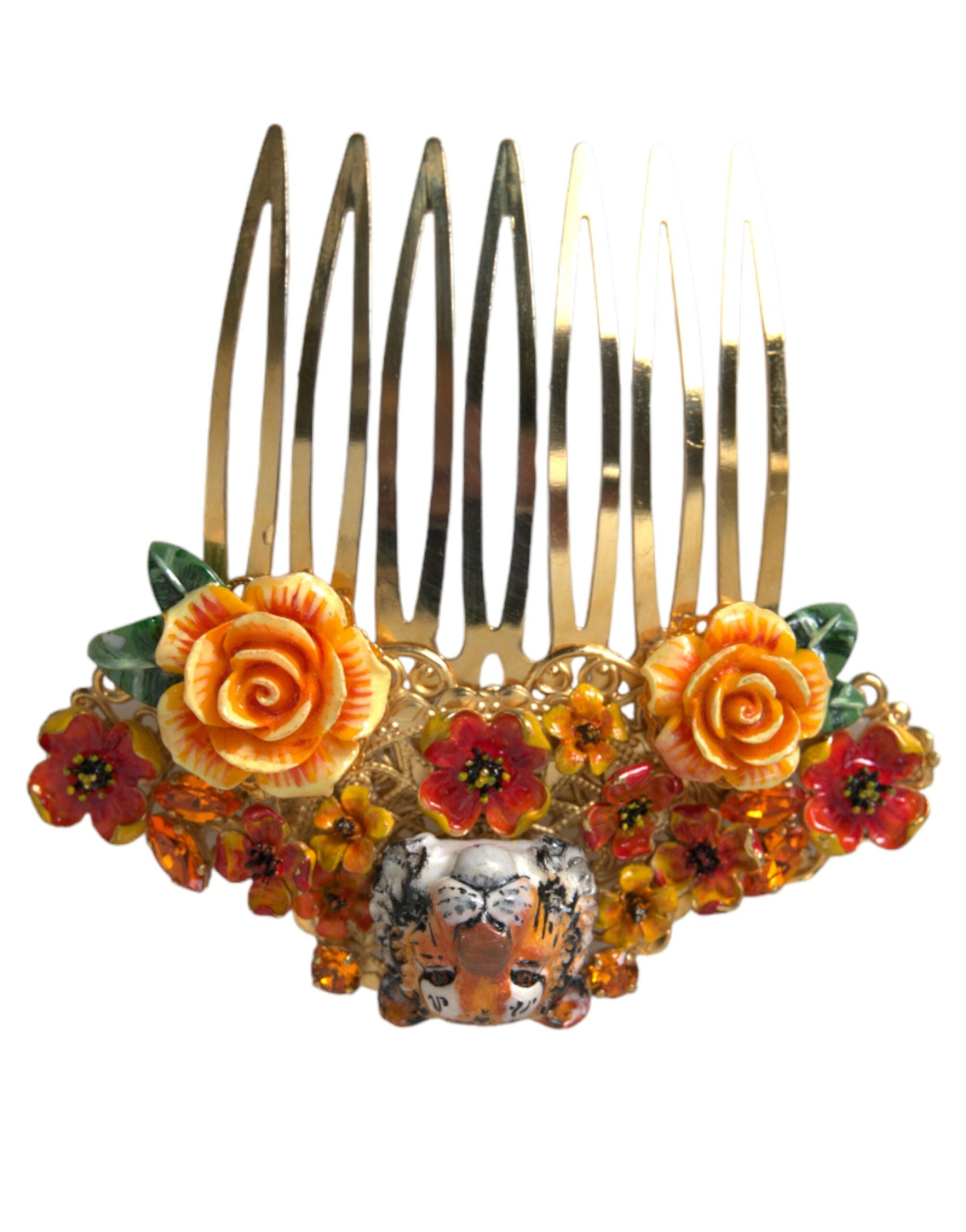 Gold Brass Crystal Leopard Floral Hair Comb - ventzia
