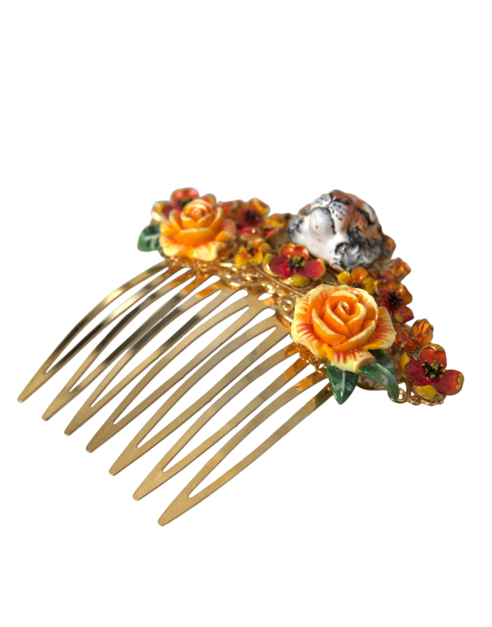Gold Brass Crystal Leopard Floral Hair Comb - ventzia