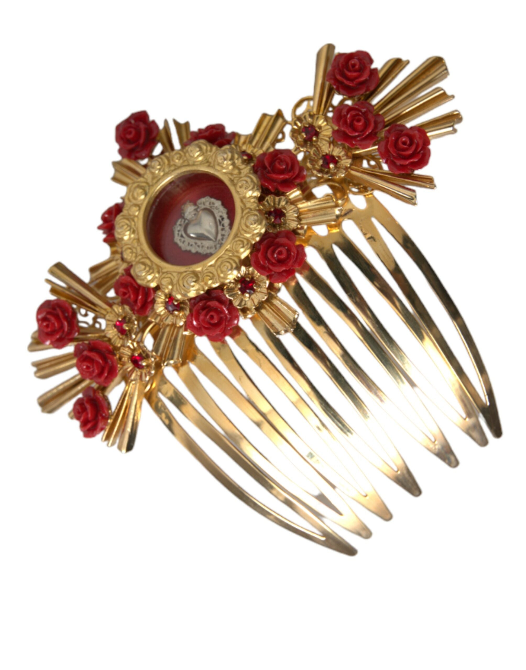 Gold Brass Crystal Heart Floral Hair Comb - ventzia
