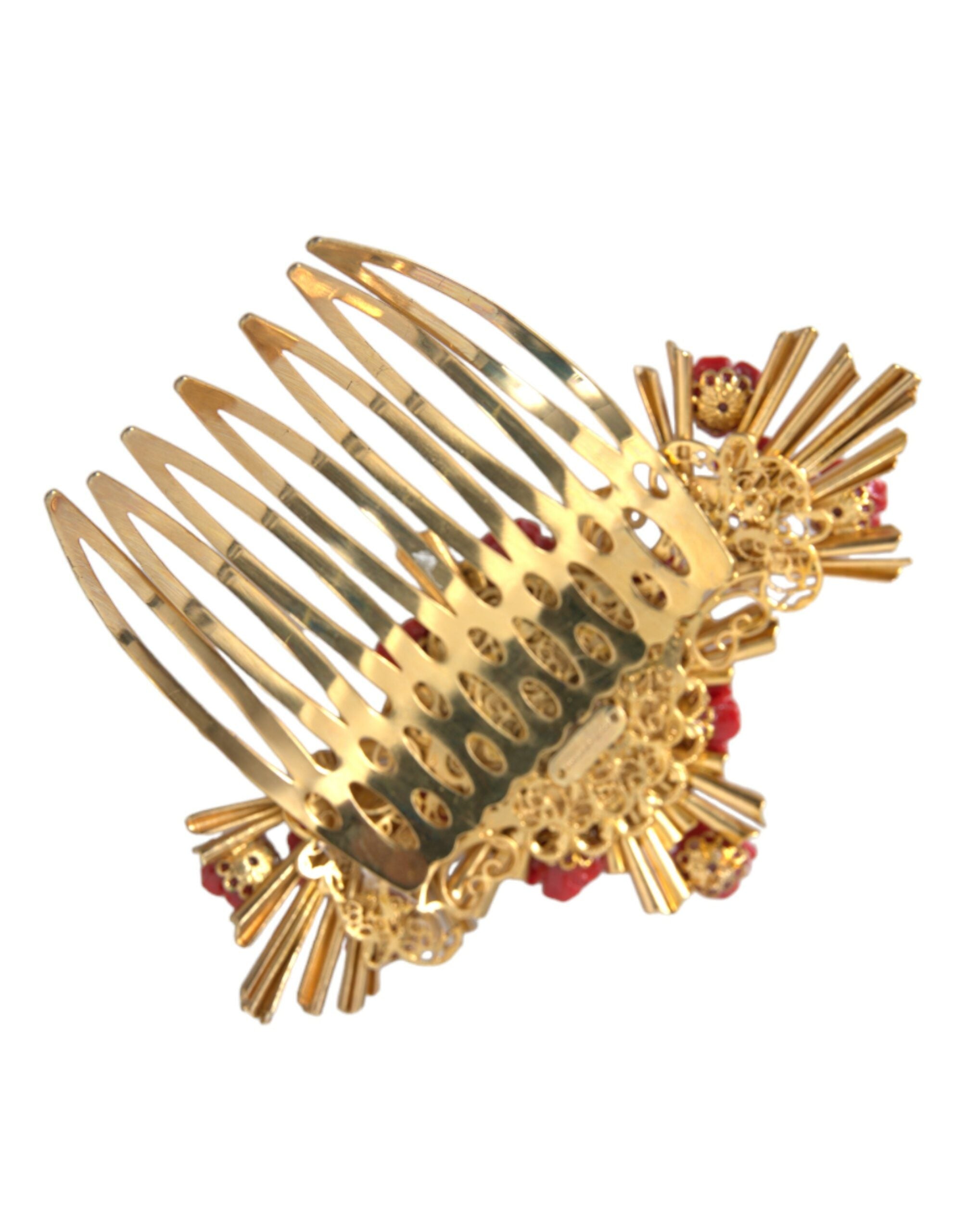 Gold Brass Crystal Heart Floral Hair Comb - ventzia