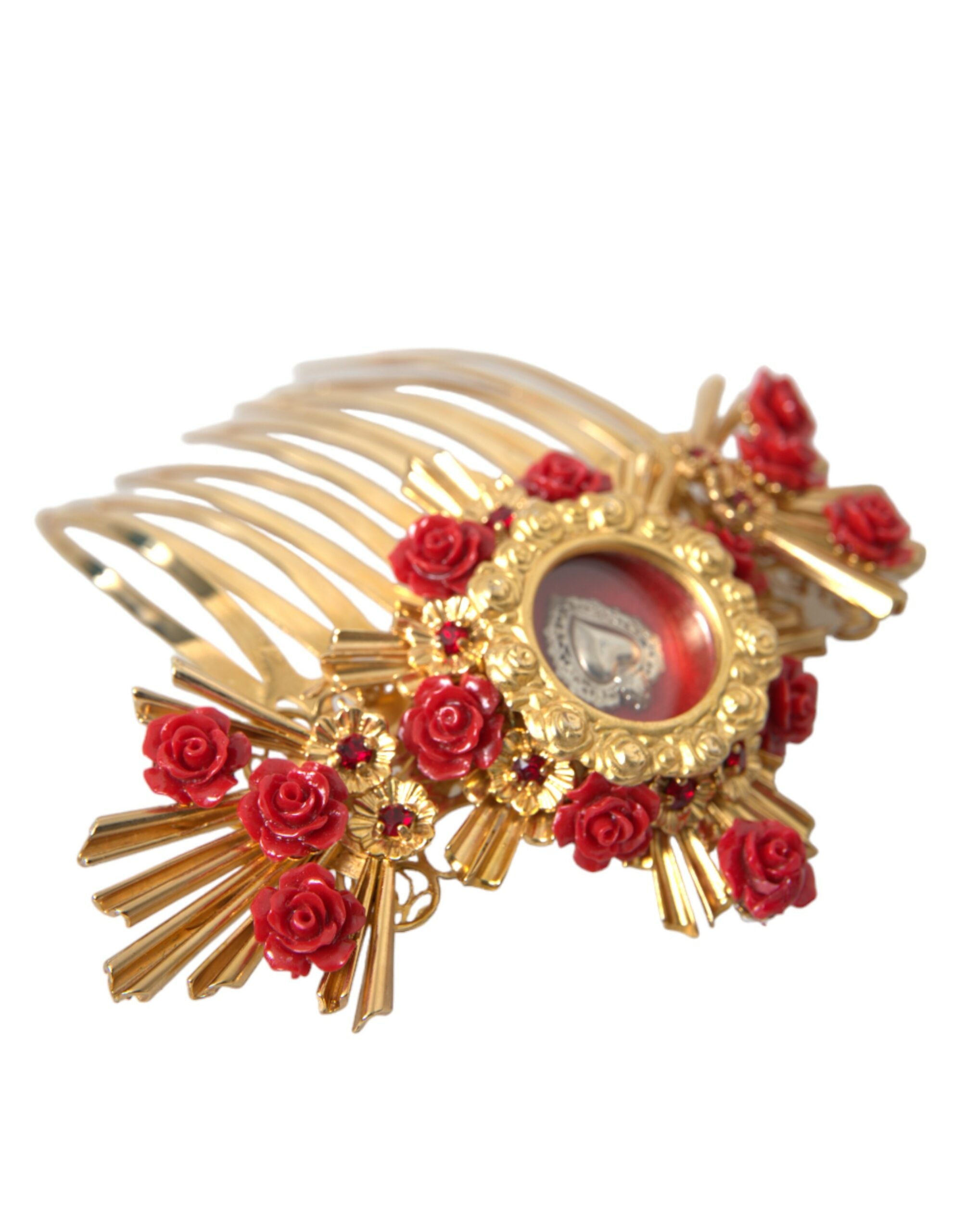 Gold Brass Crystal Heart Floral Hair Comb - ventzia