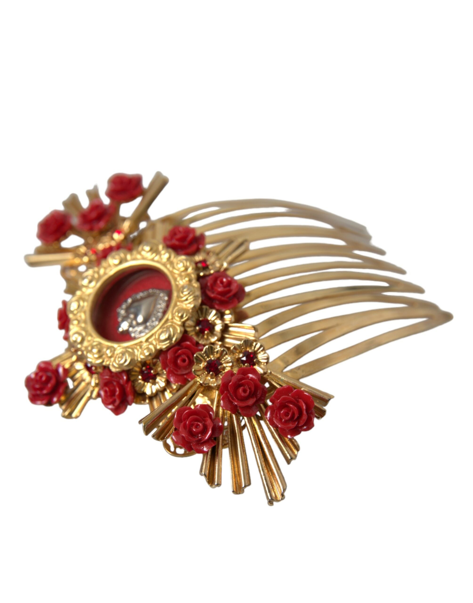 Gold Brass Crystal Heart Floral Hair Comb - ventzia