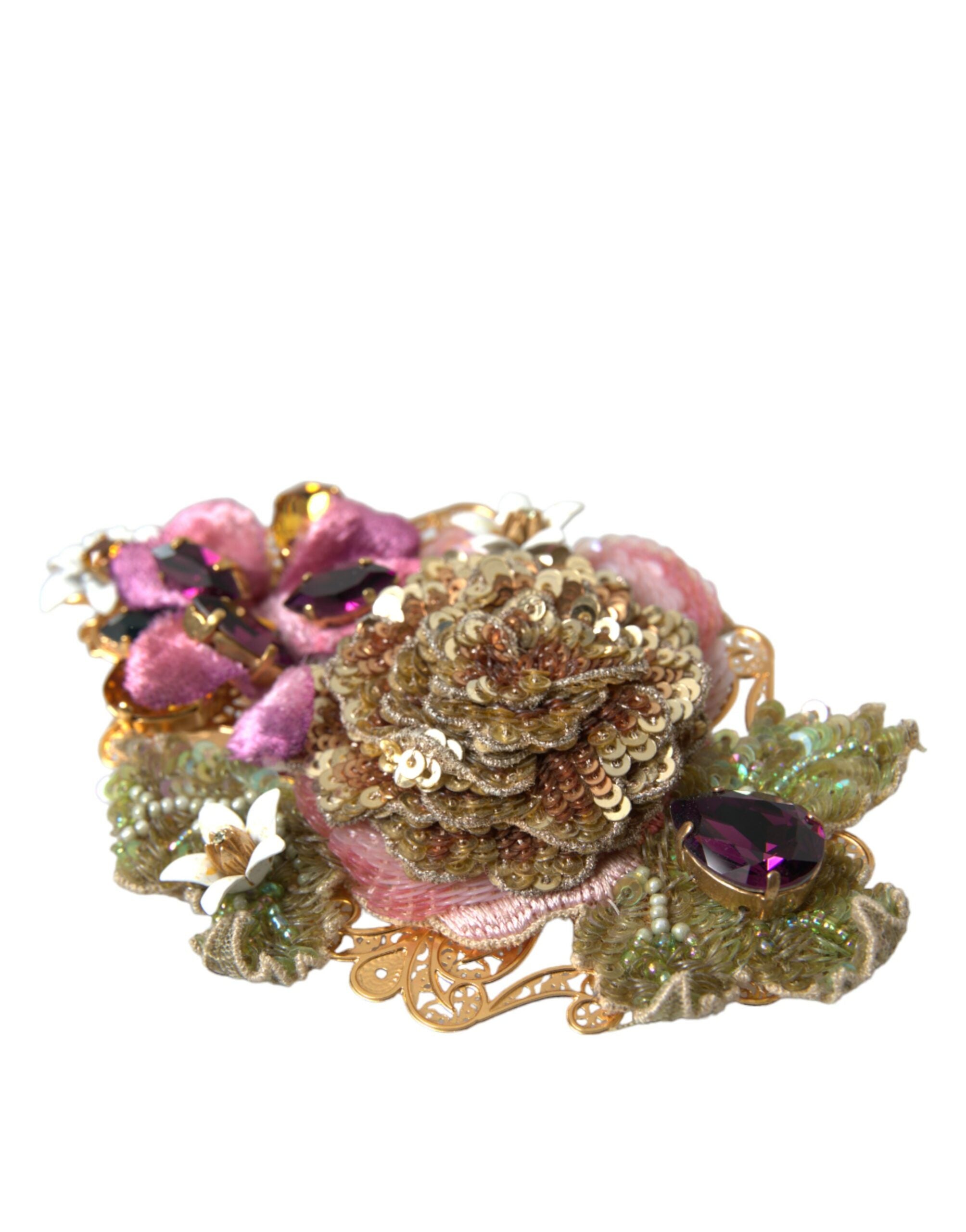 Gold Brass Floral Crystal Sequined Hair Clip - ventzia