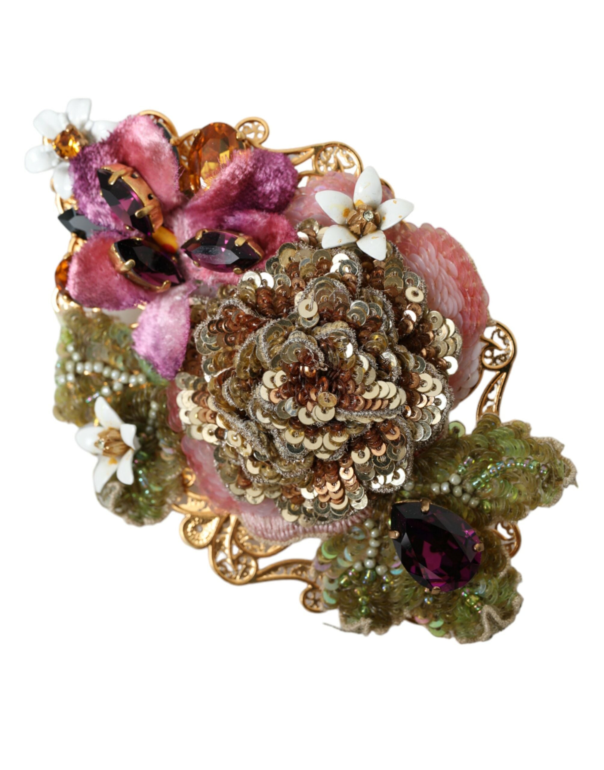 Gold Brass Floral Crystal Sequined Hair Clip - ventzia