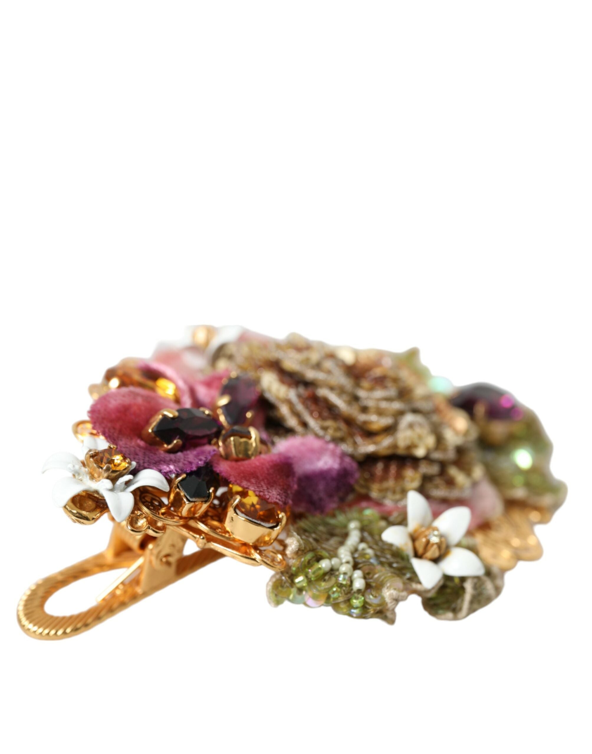 Gold Brass Floral Crystal Sequined Hair Clip - ventzia