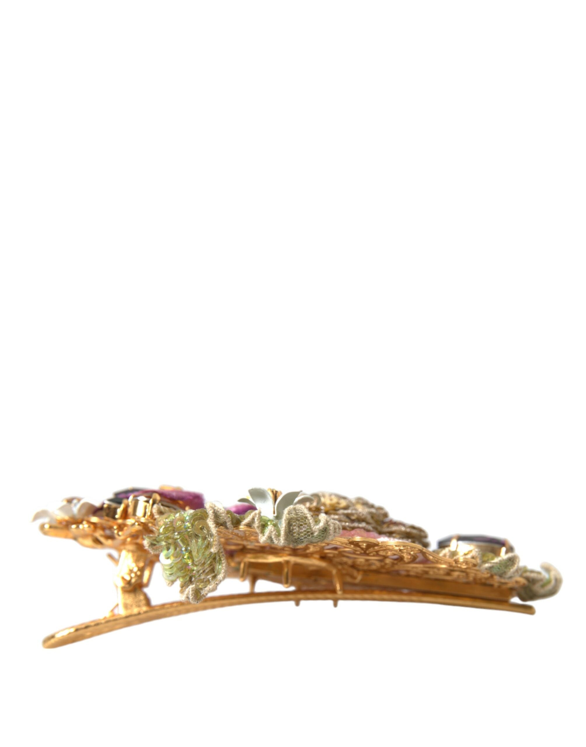 Gold Brass Floral Crystal Sequined Hair Clip - ventzia