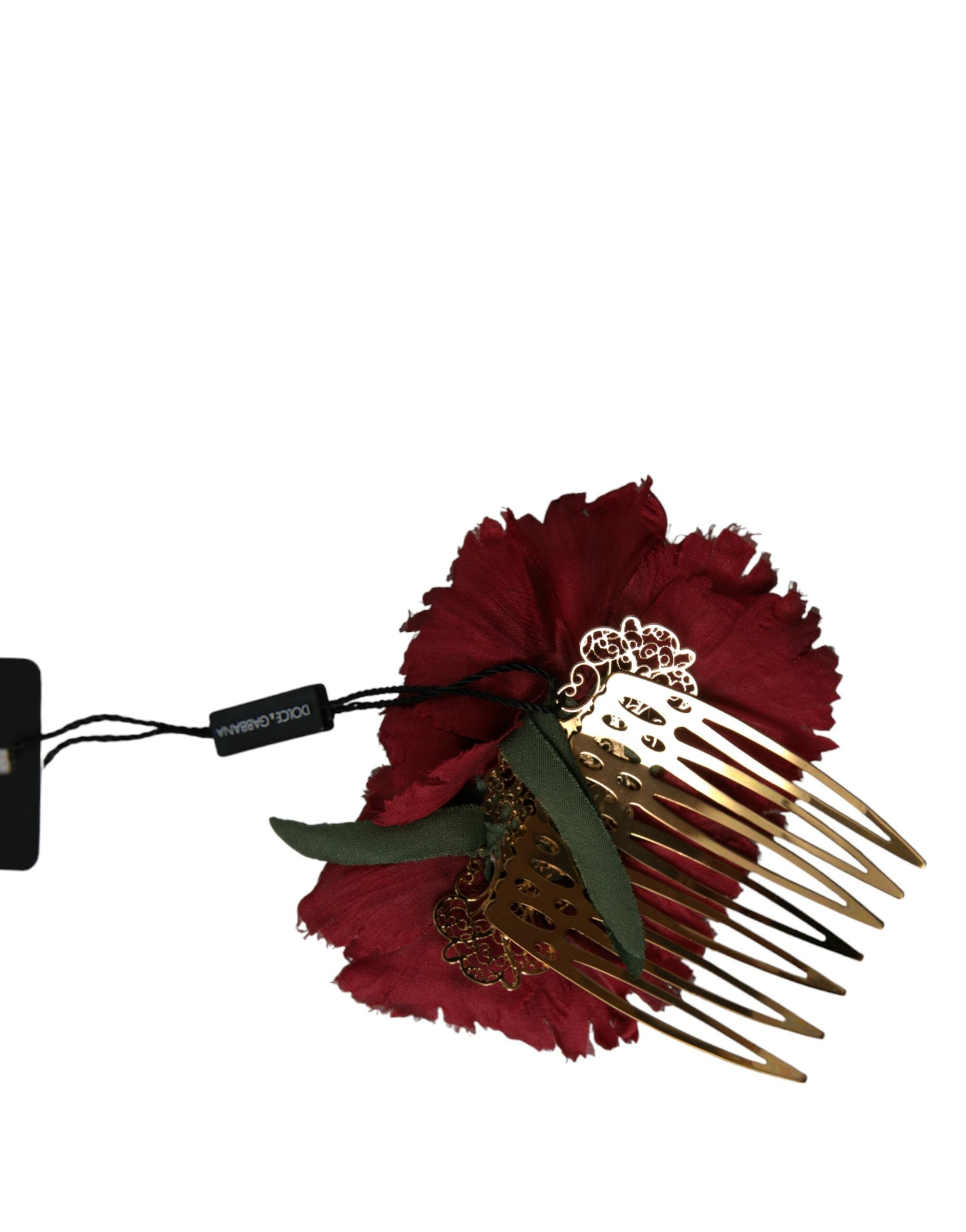 Red Silk Floral Gold Brass Women Hair Comb - ventzia