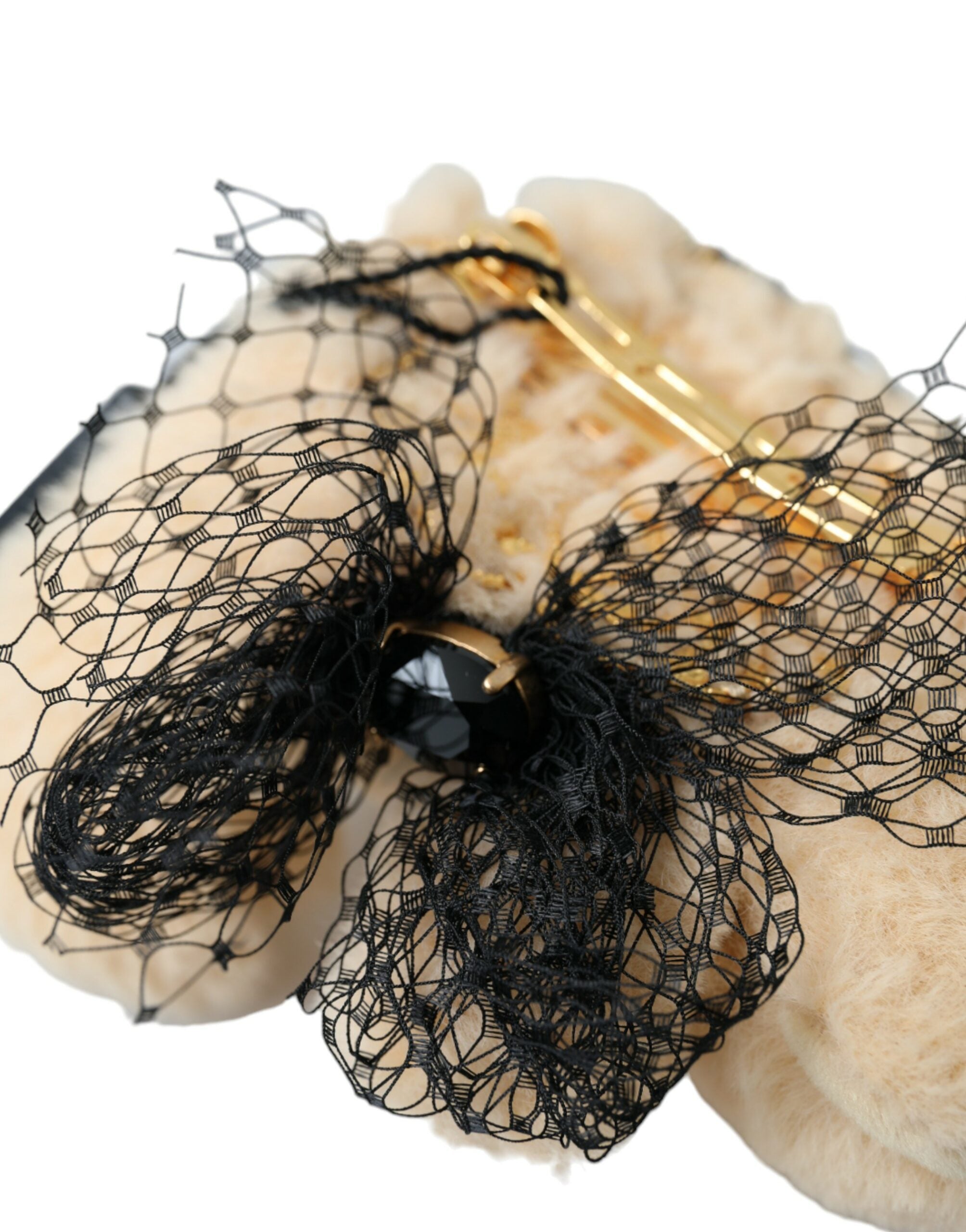 Beige Teddy Bear Mesh Net Band Hair Clip - ventzia