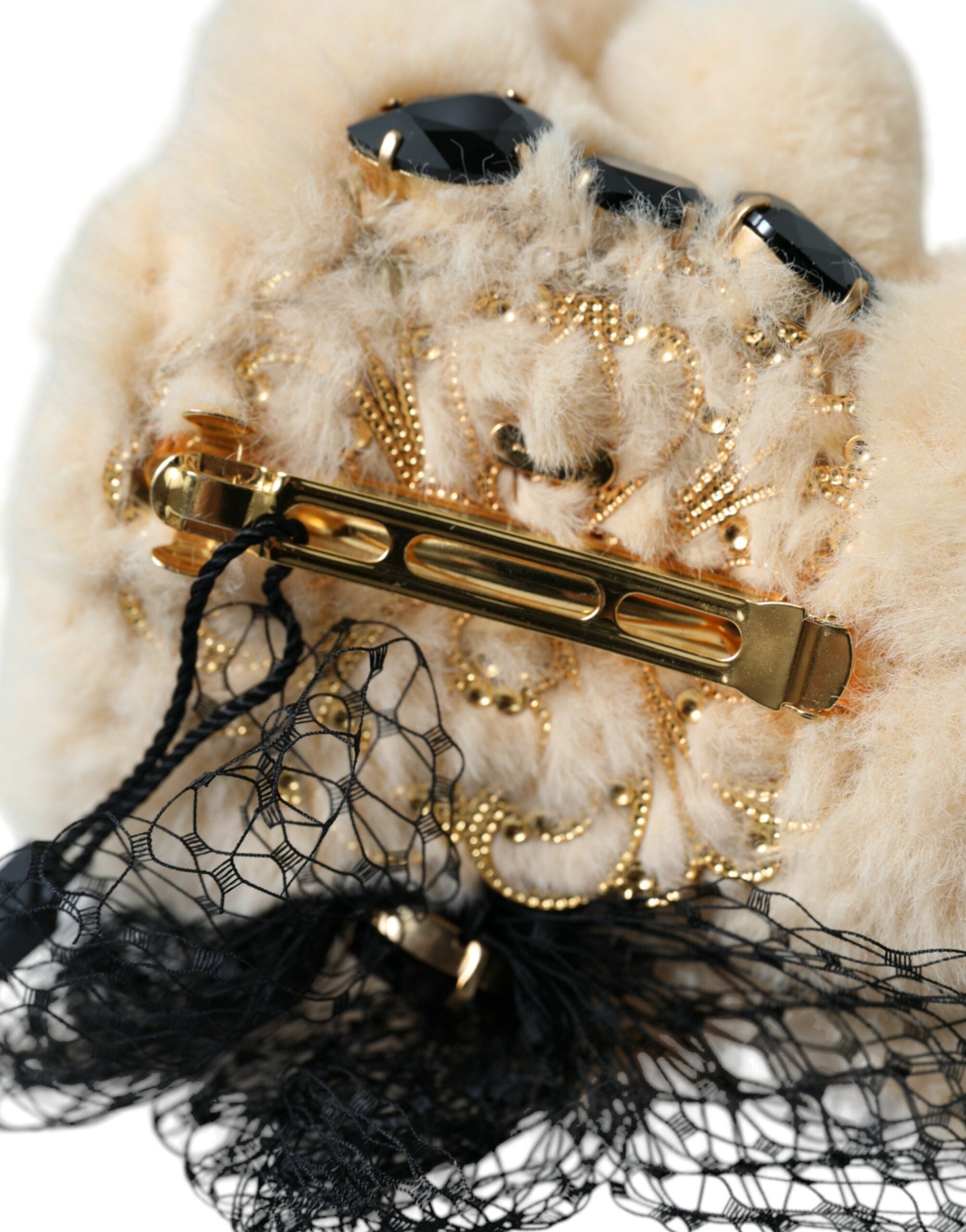 Beige Teddy Bear Mesh Net Band Hair Clip - ventzia