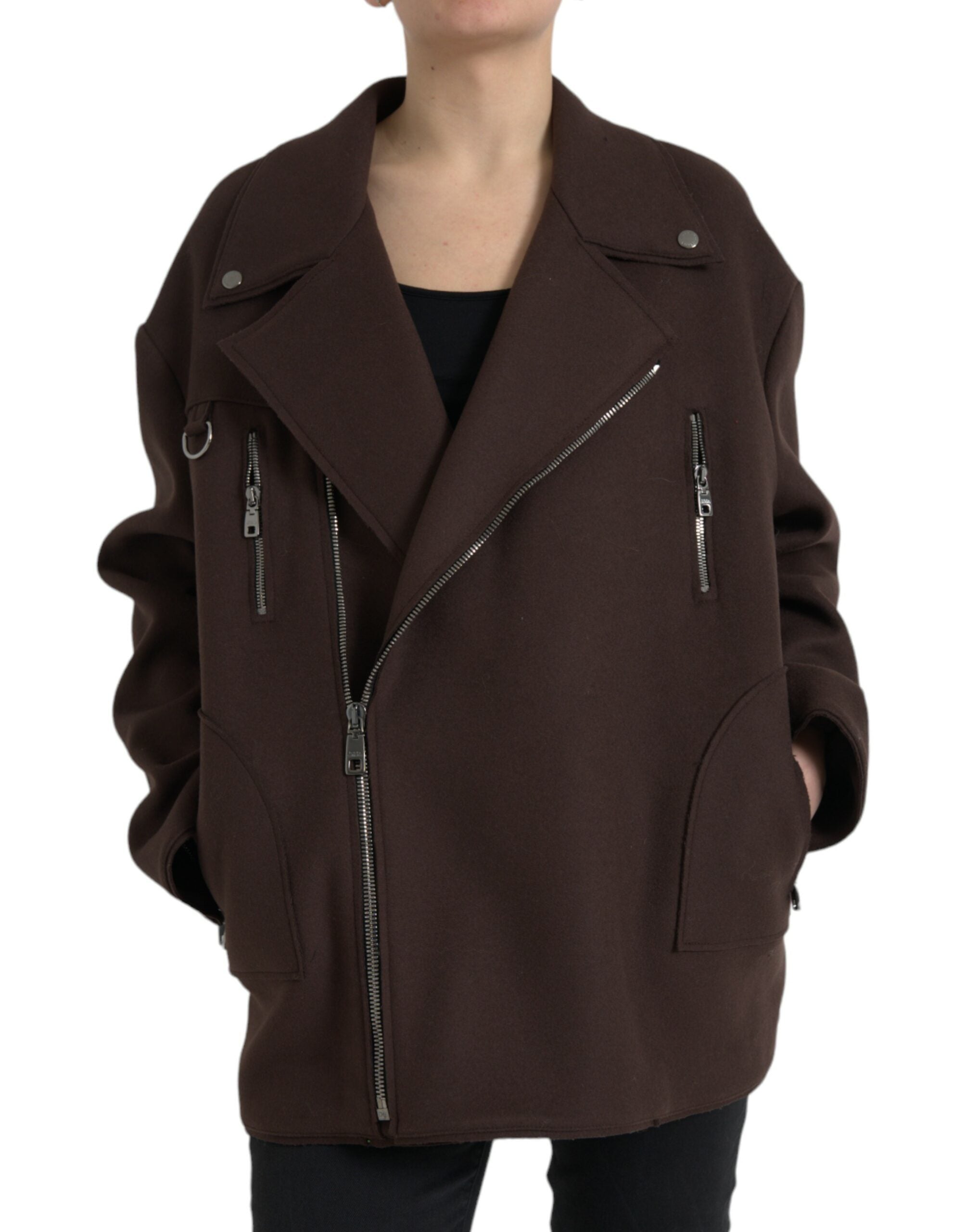Brown Coat Short Biker Wool Jacket - ventzia