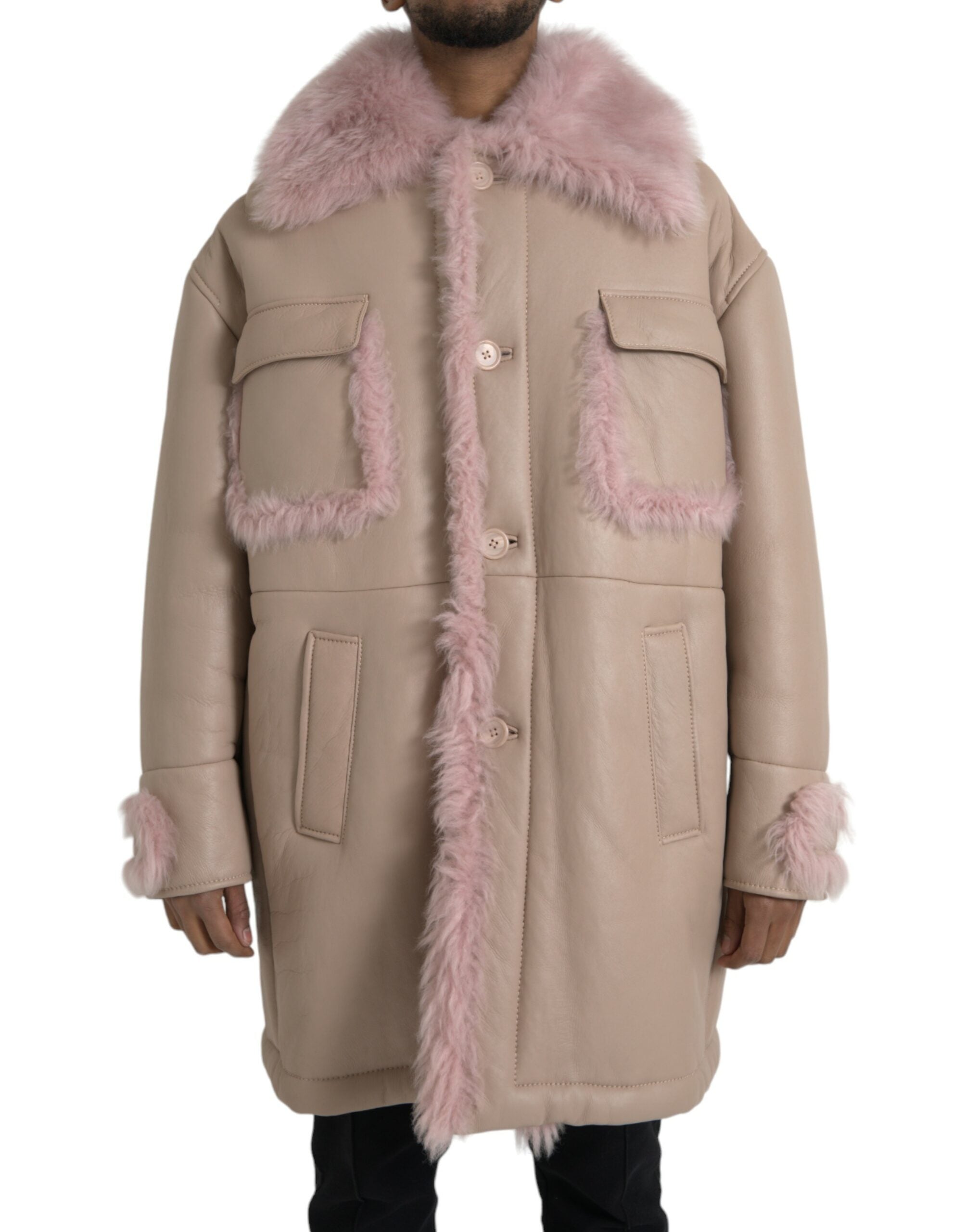 Beige Pink Lamb Leather Shearling Coat Jacket - ventzia