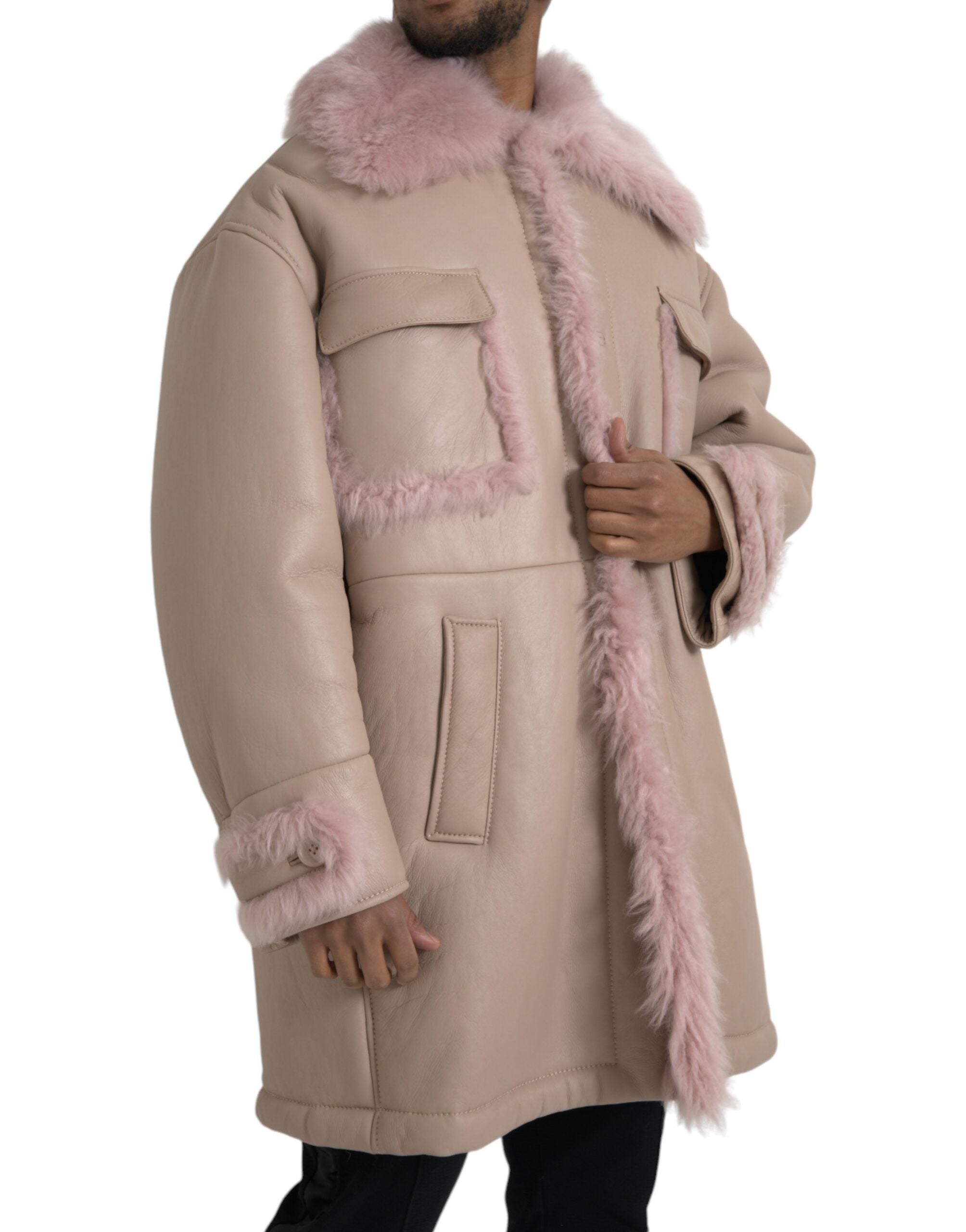 Beige Pink Lamb Leather Shearling Coat Jacket - ventzia