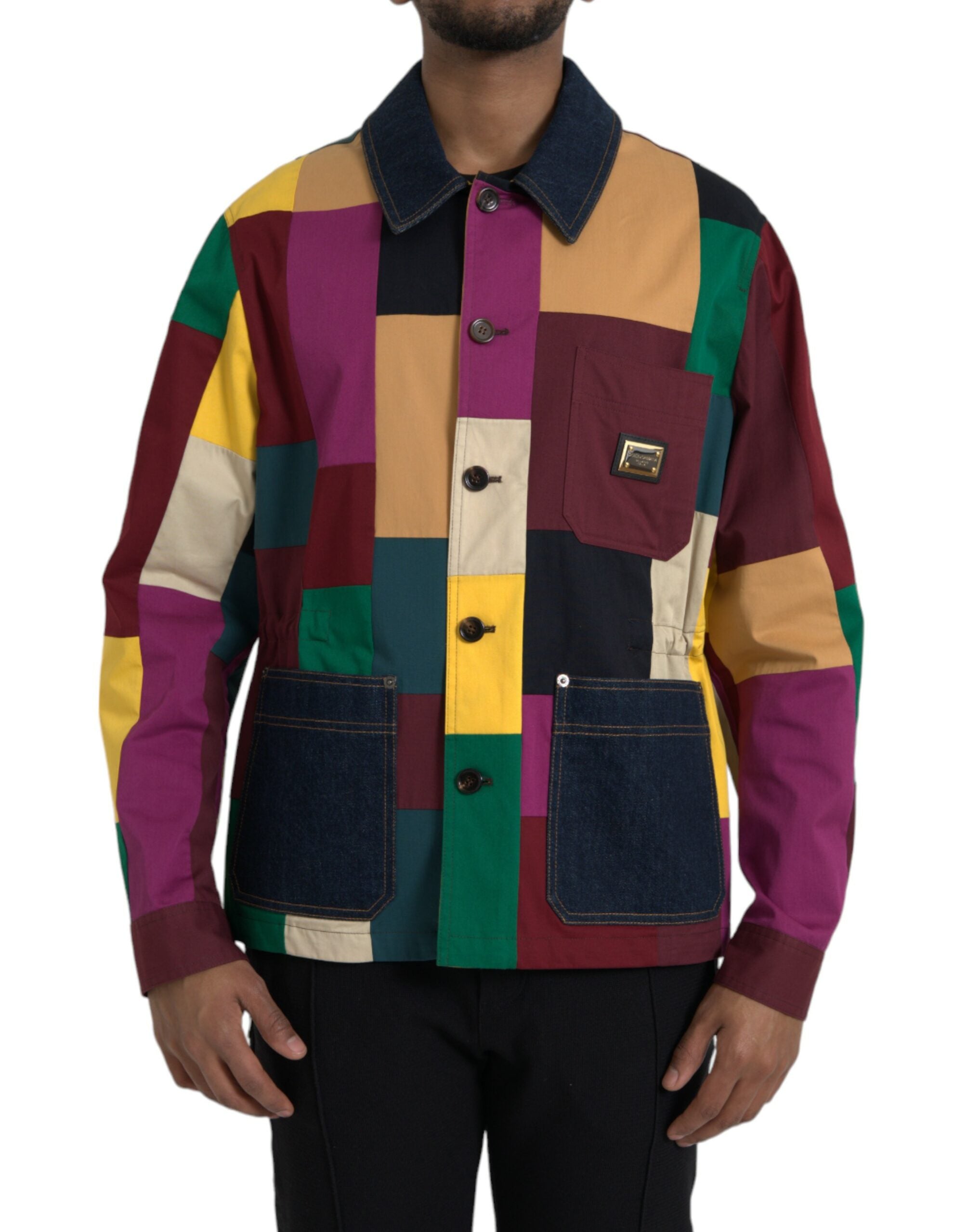Multicolor Patchwork Cotton Collared Jacket - ventzia