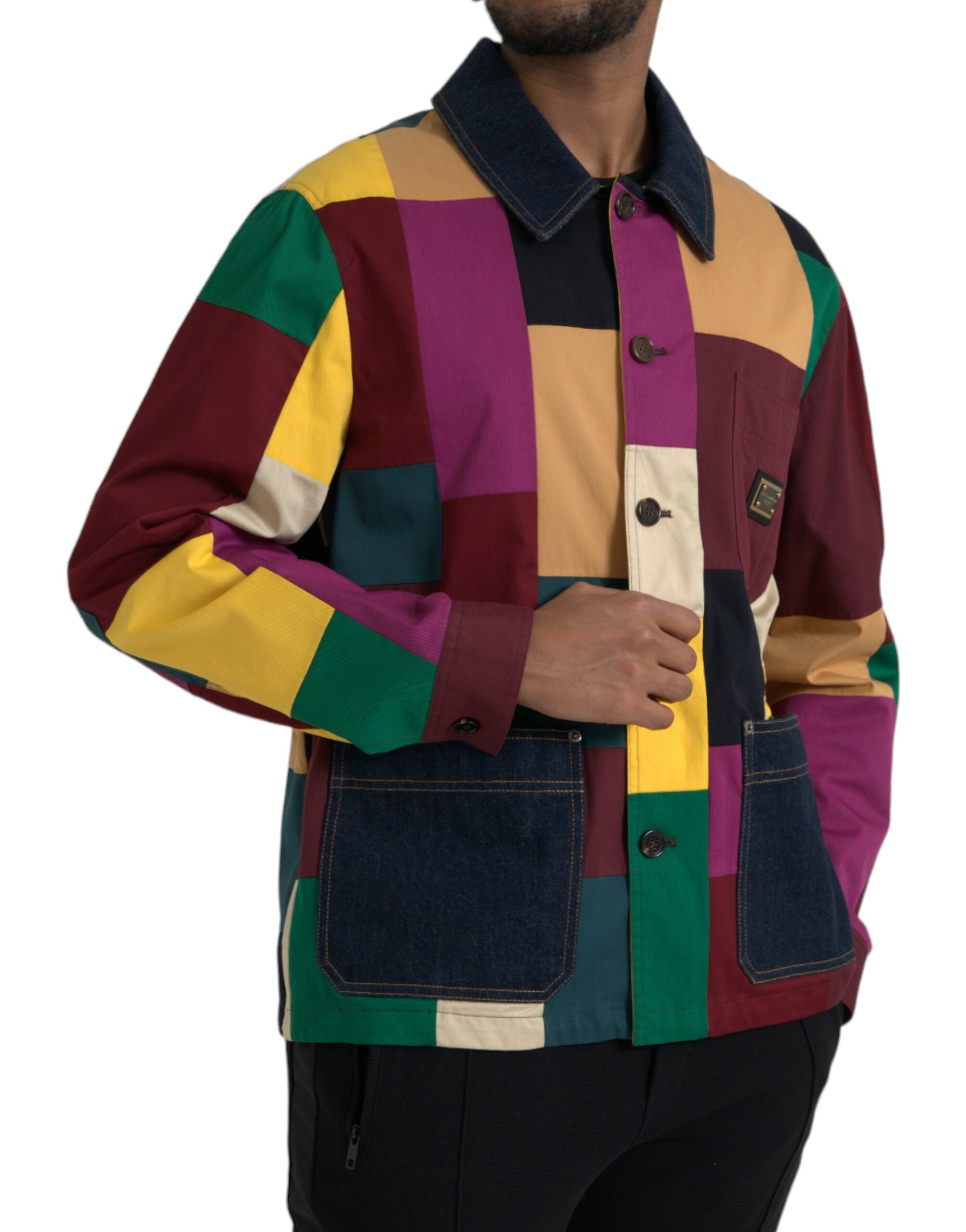 Multicolor Patchwork Cotton Collared Jacket - ventzia