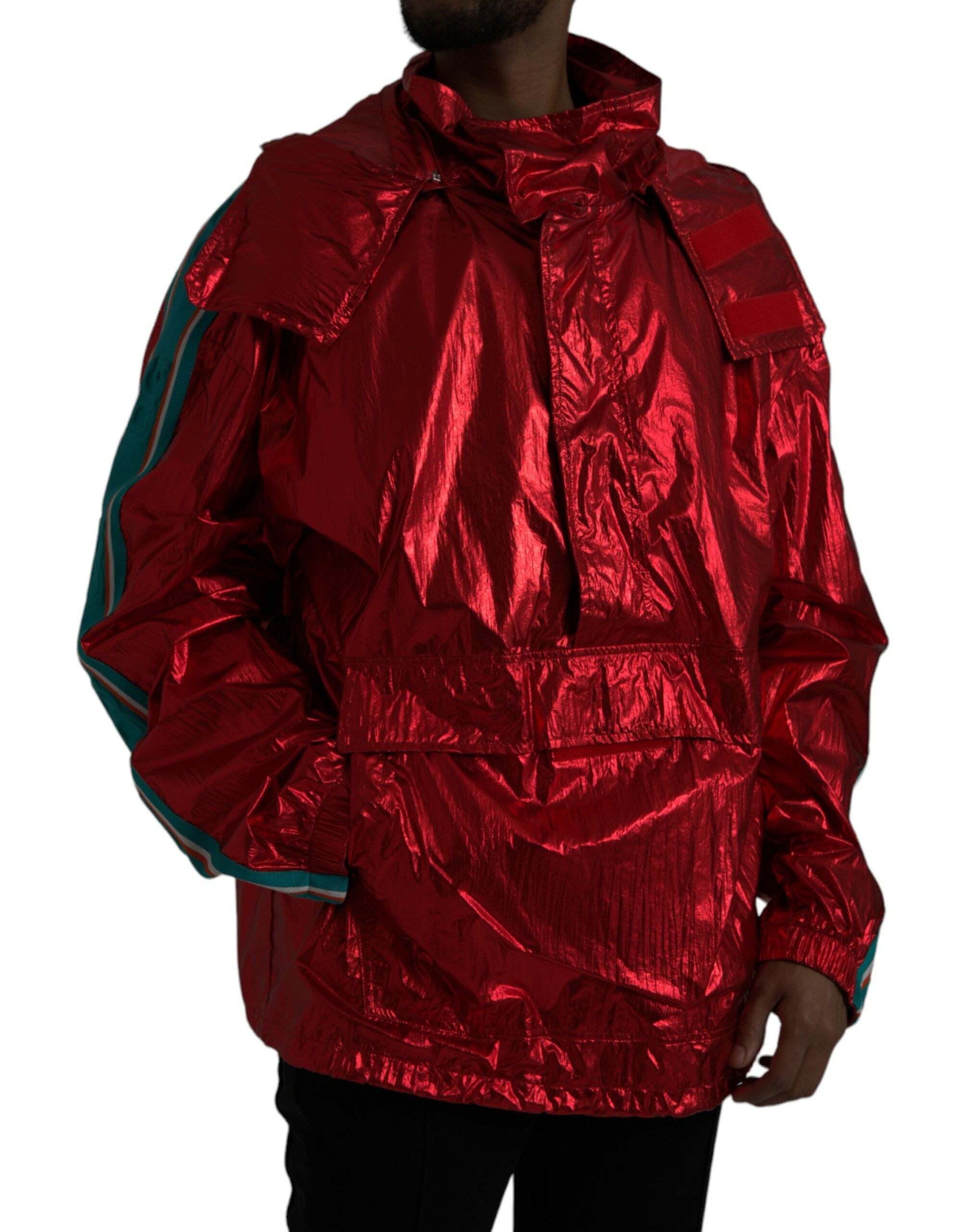 Red Nylon Hooded Pullover Sweatshirt Jacket - ventzia
