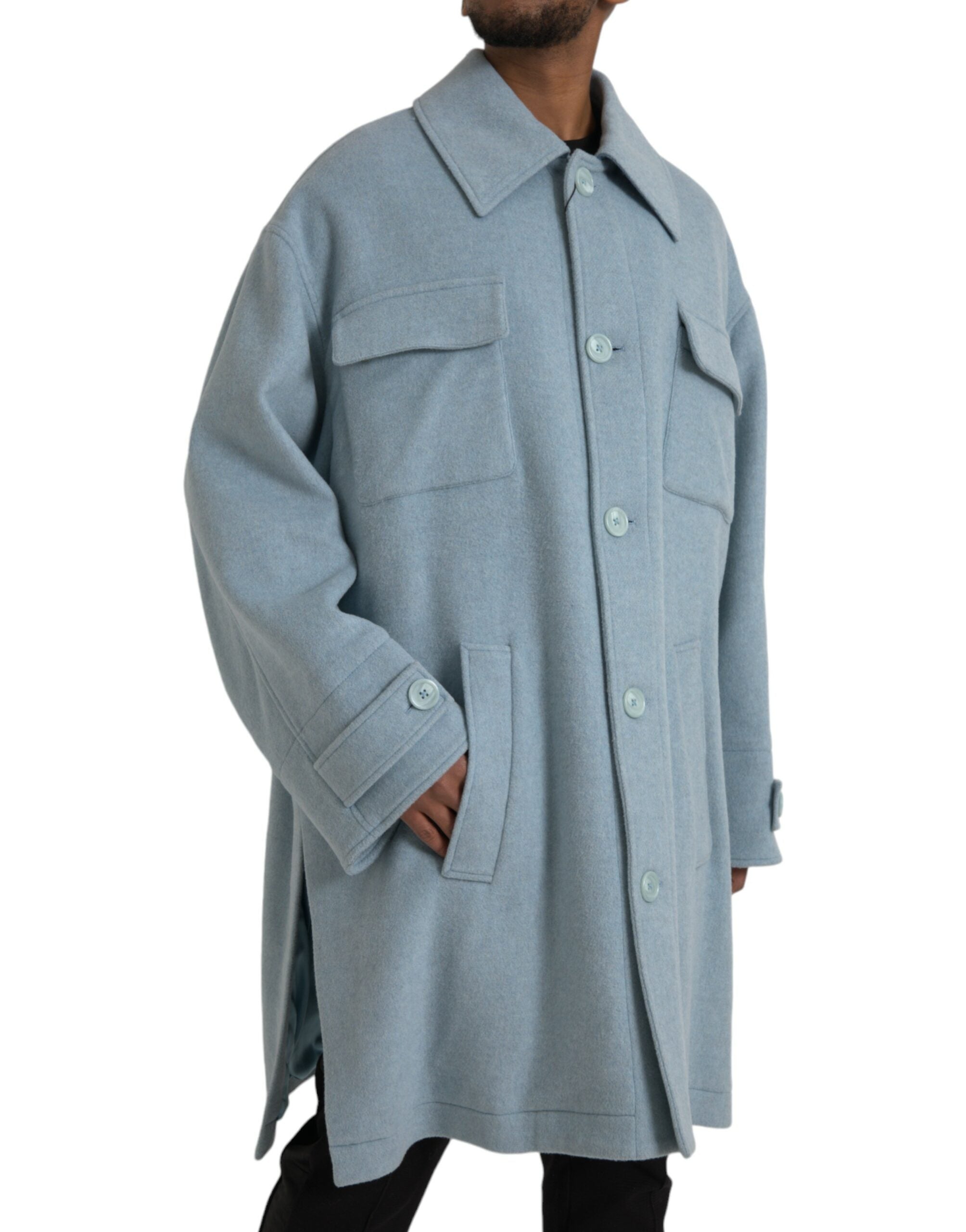 Light Blue Wool Button Trench Coat Jacket - ventzia