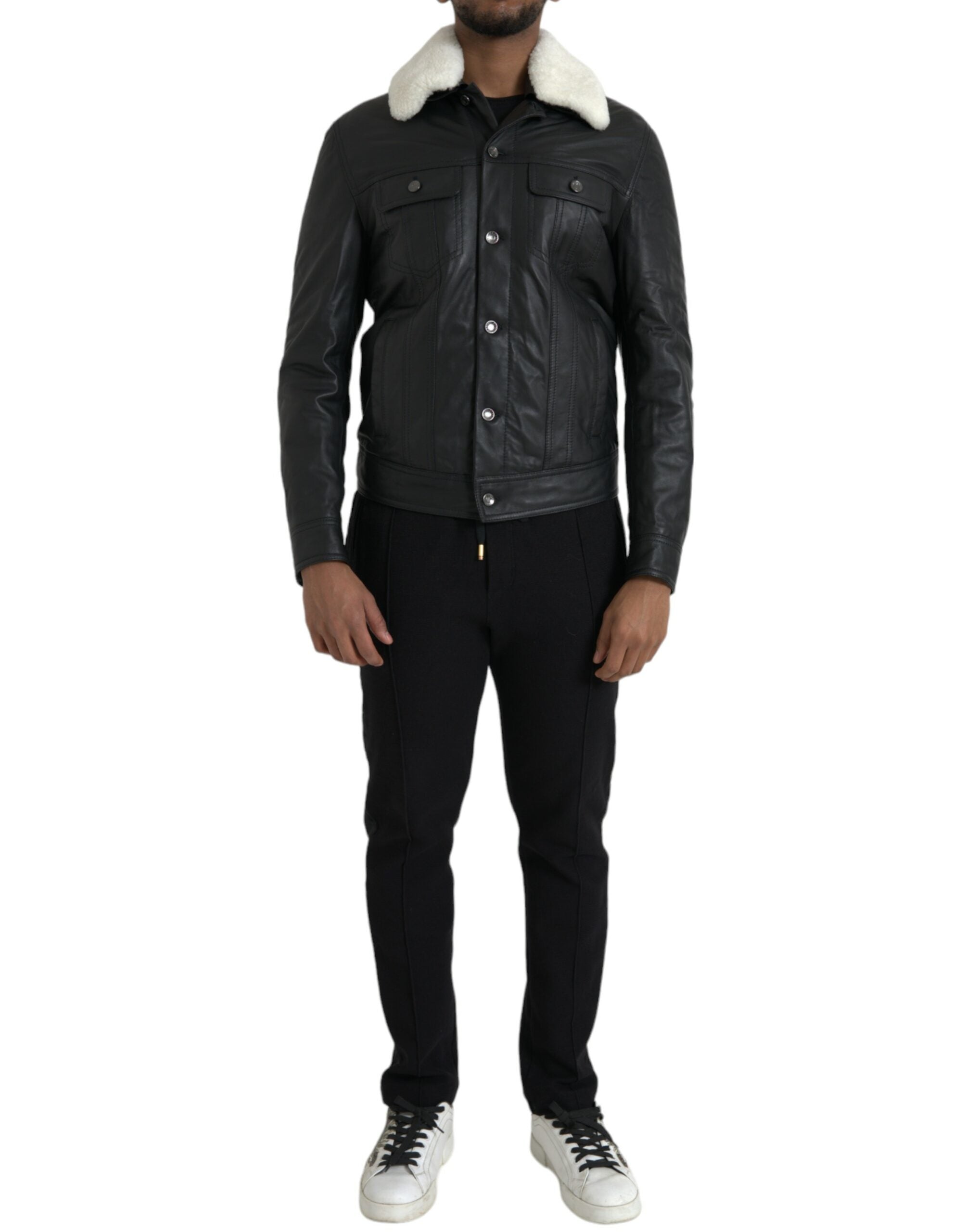 Black Leather Fur Collar Biker Coat Jacket - ventzia