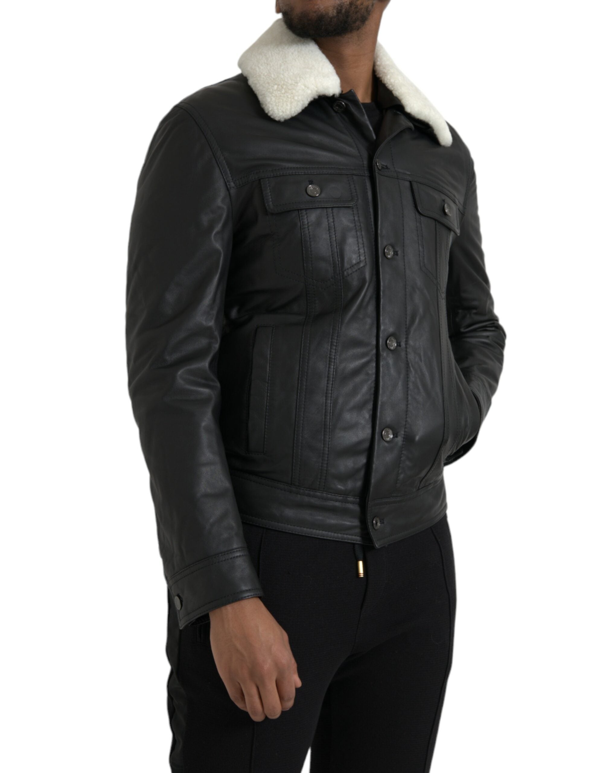 Black Leather Fur Collar Biker Coat Jacket - ventzia