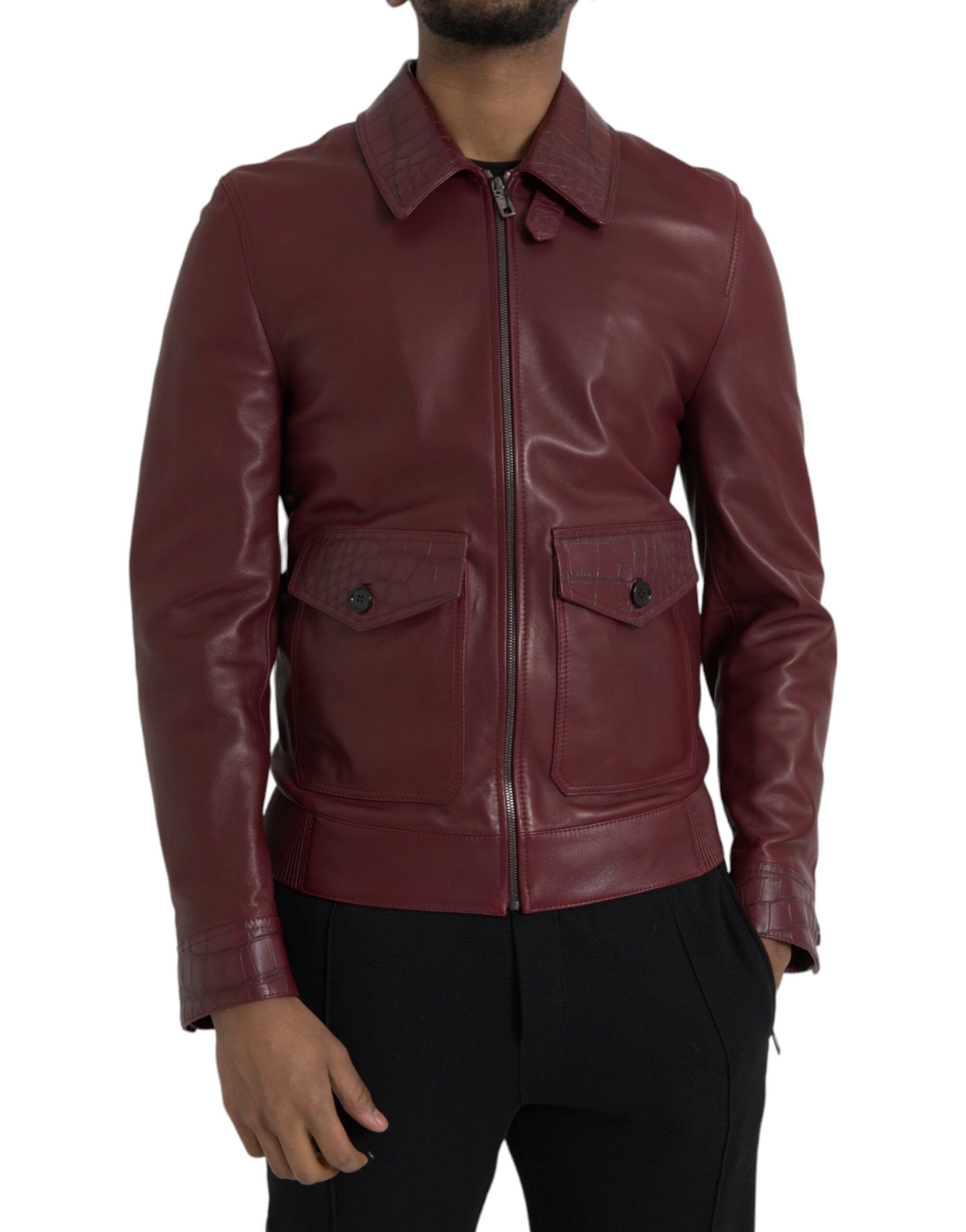 Maroon Exotic Leather Zip Biker Coat Jacket - ventzia