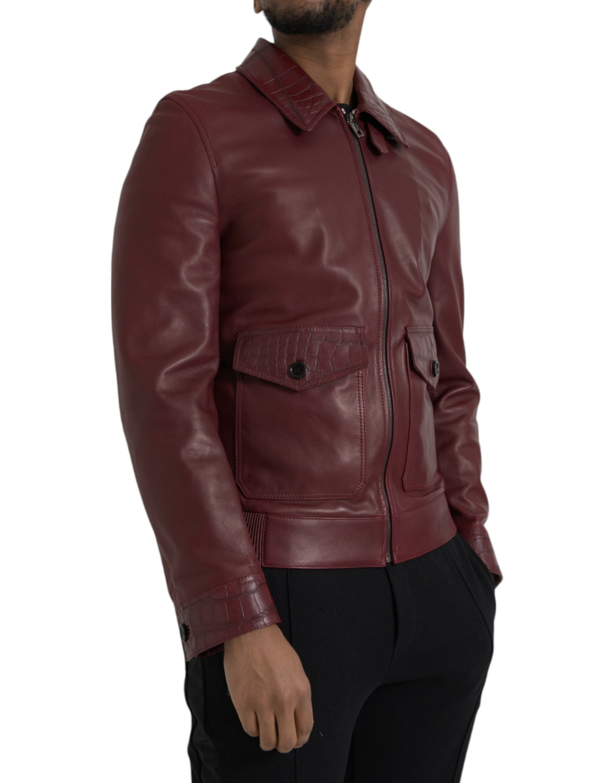 Maroon Exotic Leather Zip Biker Coat Jacket - ventzia