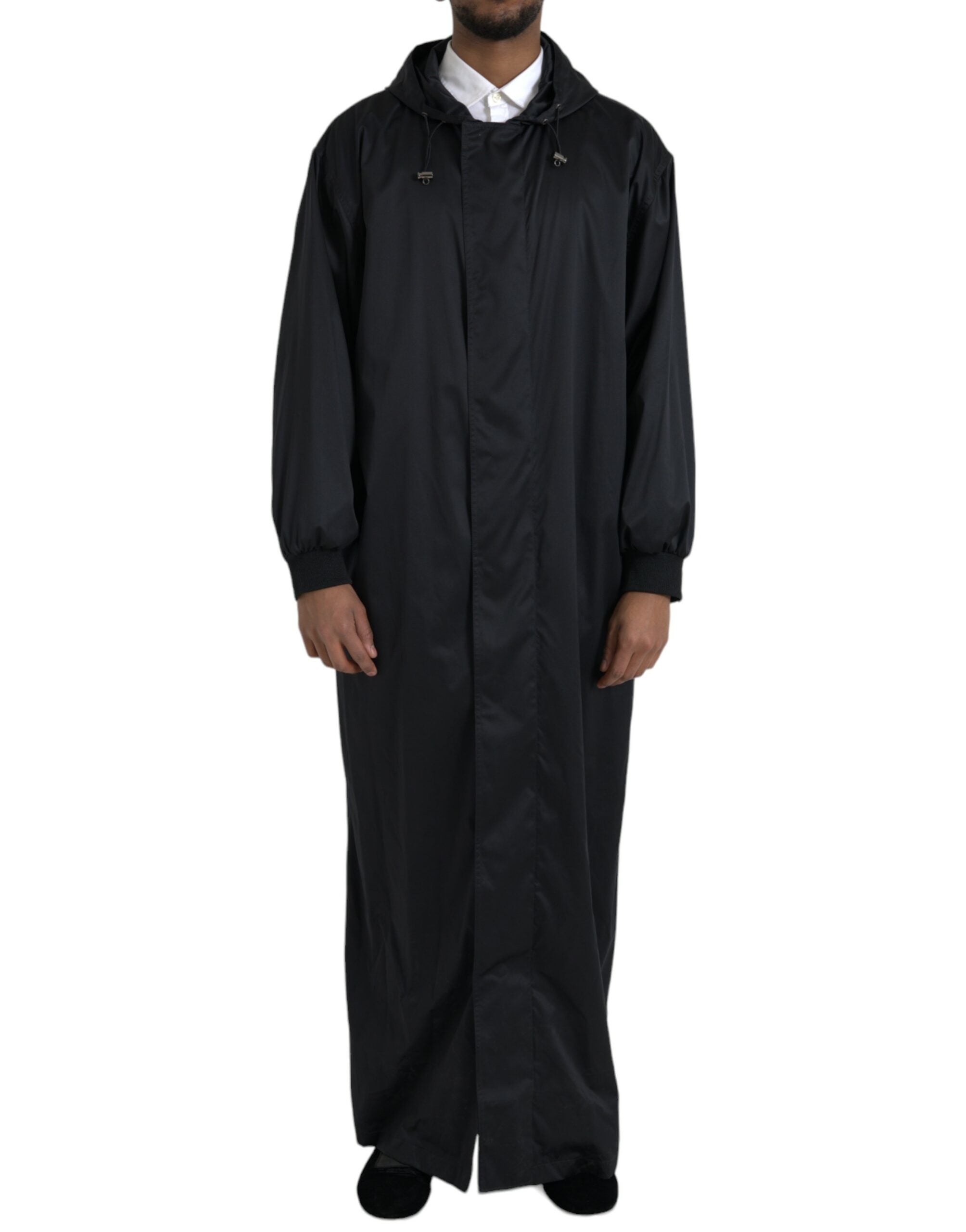 Black Polyester Hooded Long Windbreaker Jacket - ventzia