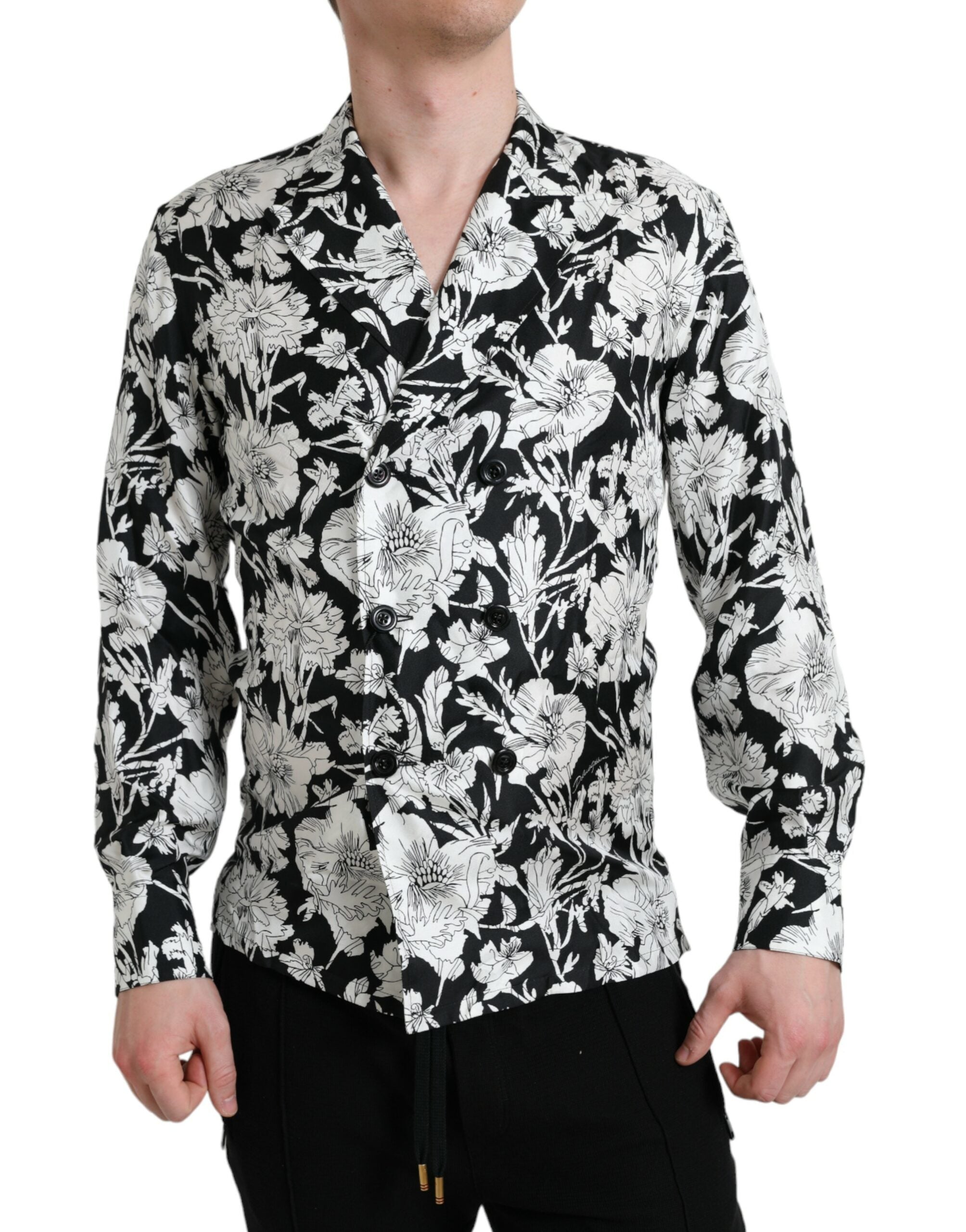 Black White Floral Button Down Casual Shirt - ventzia