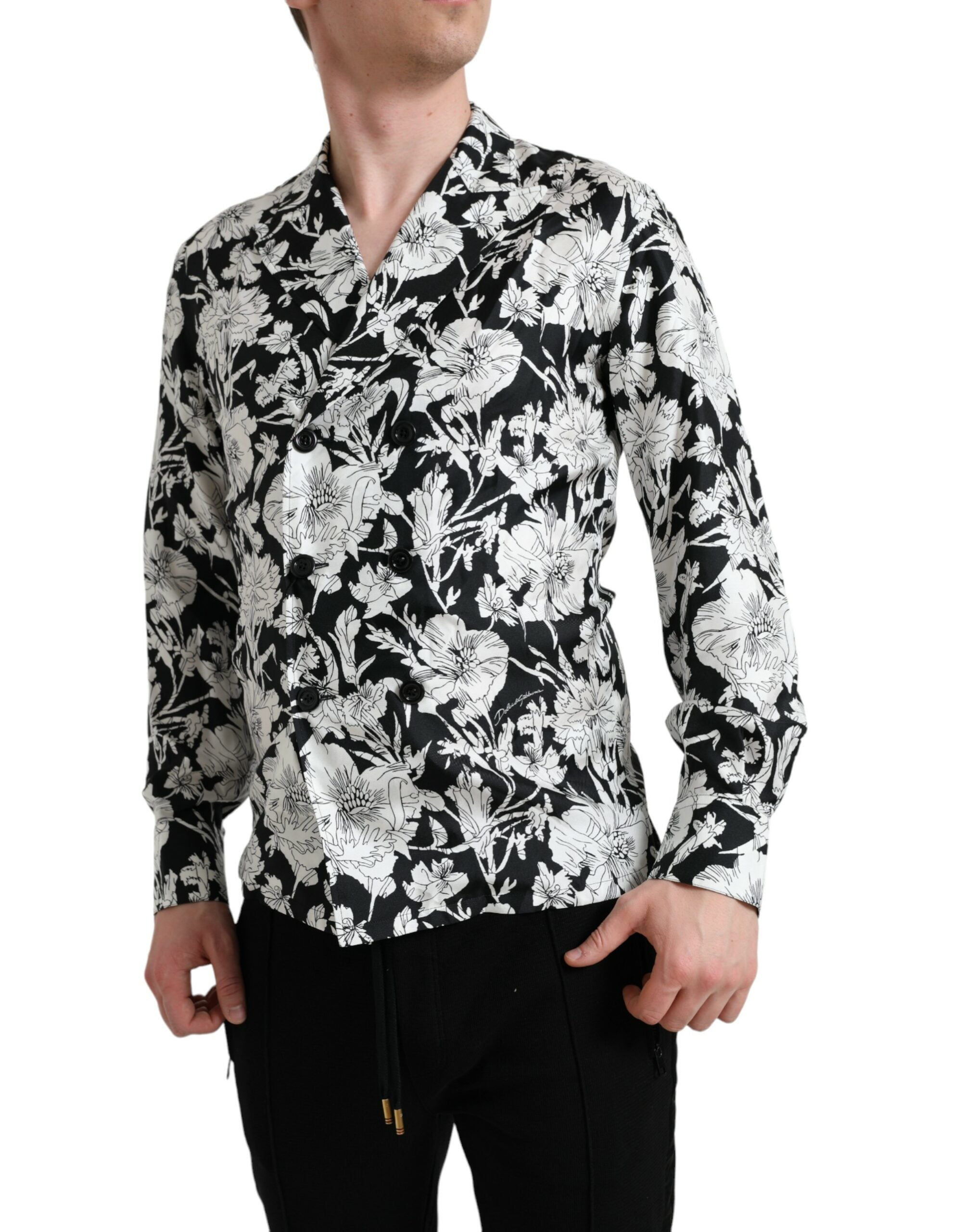 Black White Floral Button Down Casual Shirt - ventzia