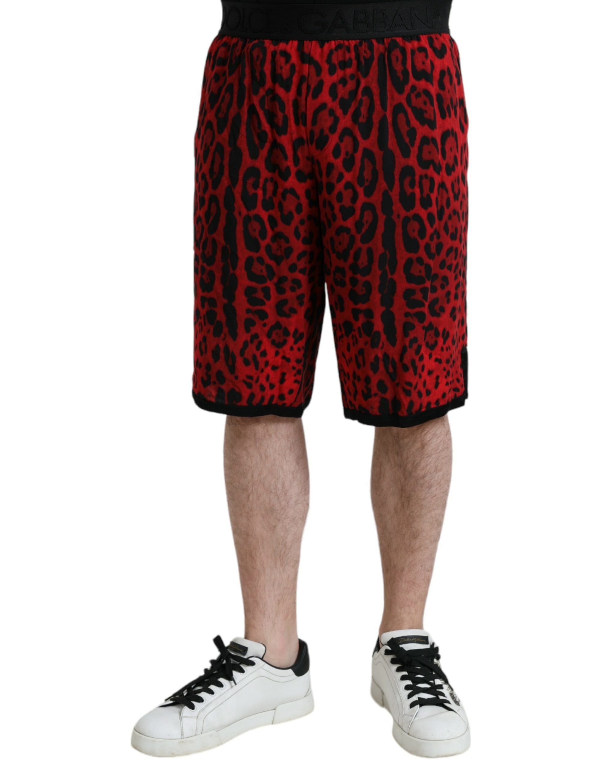 Red Leopard Print Viscose Bermuda Shorts - ventzia