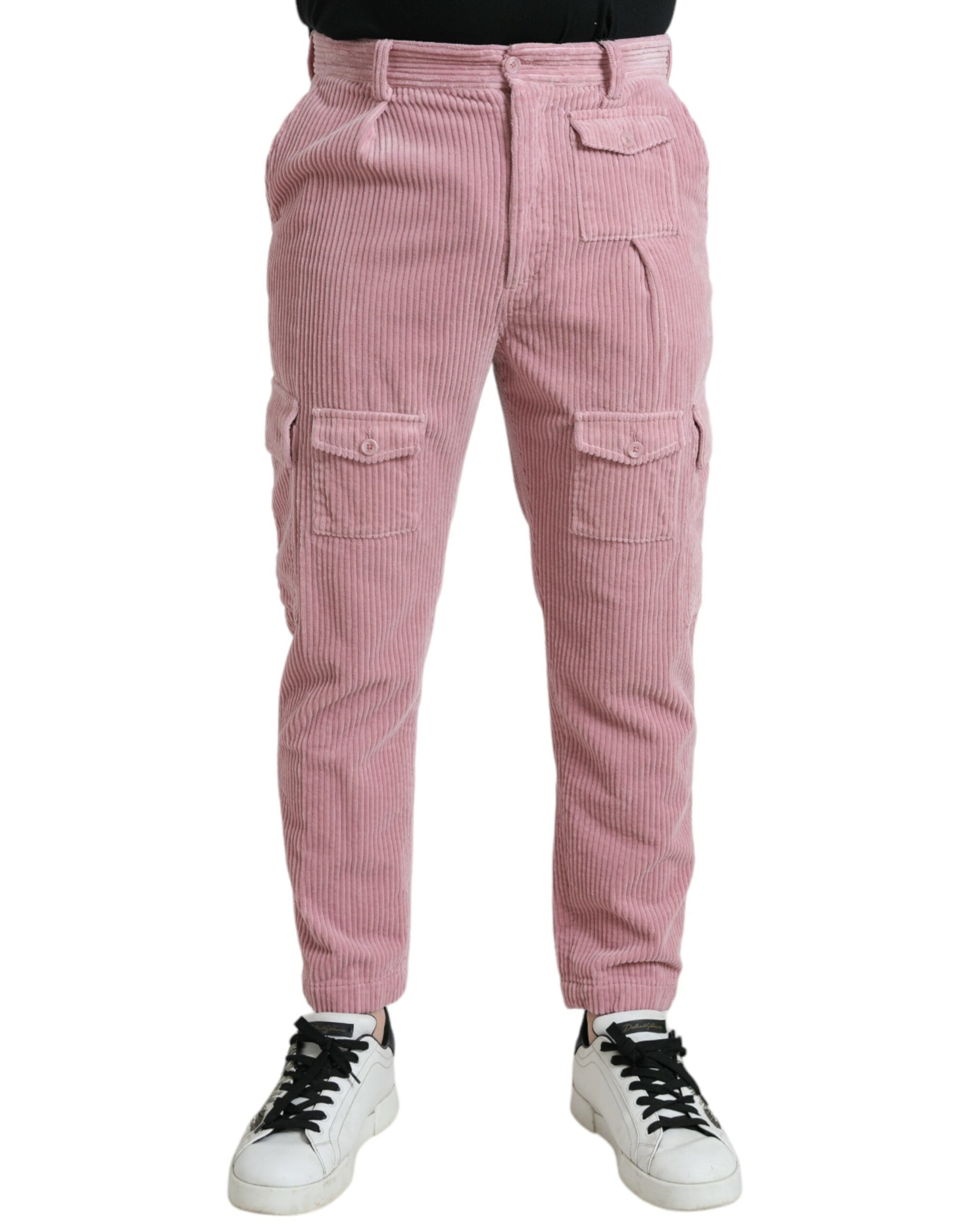 Pink Corduroy Cotton Stretch Skinny Cargo Jeans - ventzia