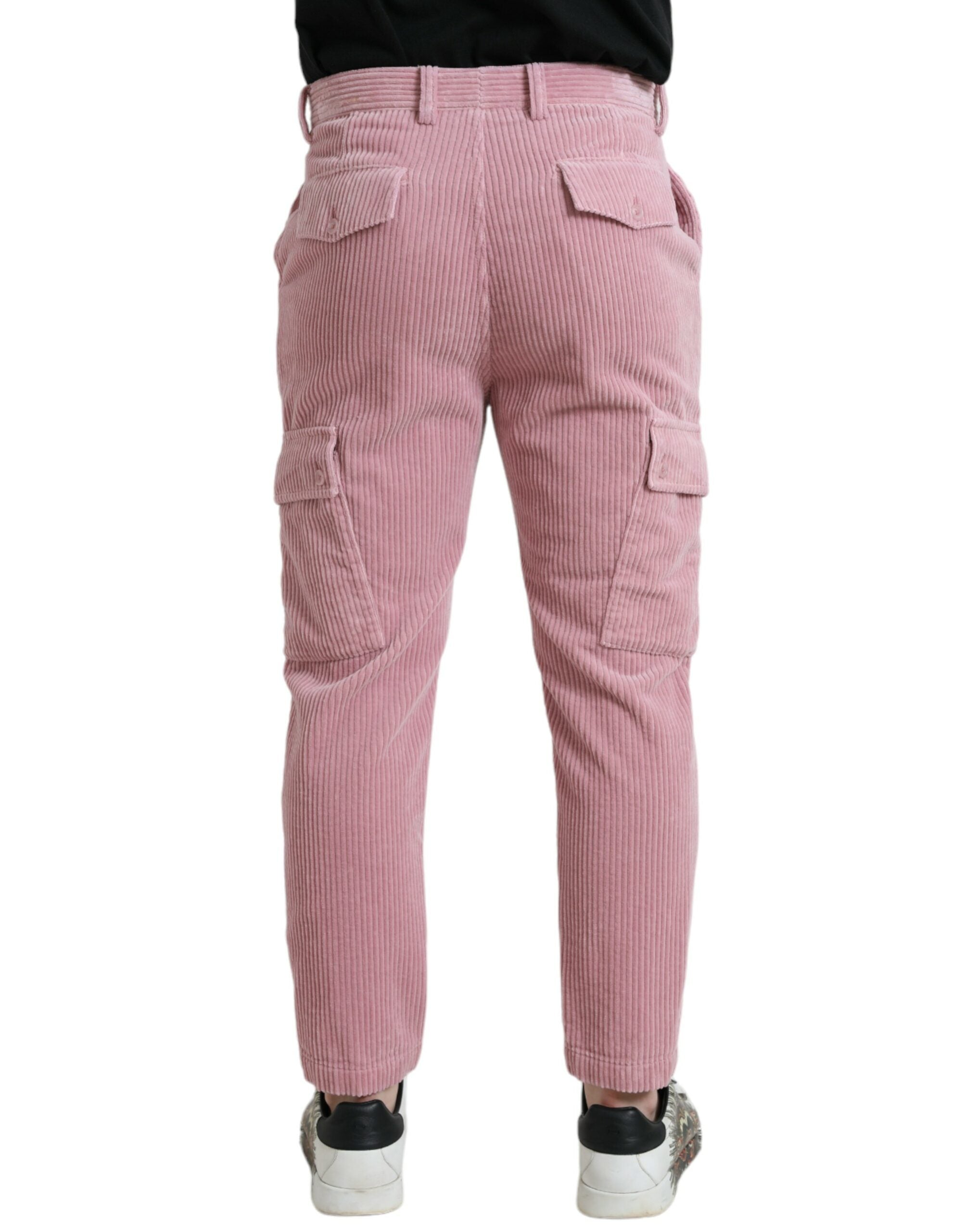 Pink Corduroy Cotton Stretch Skinny Cargo Jeans - ventzia