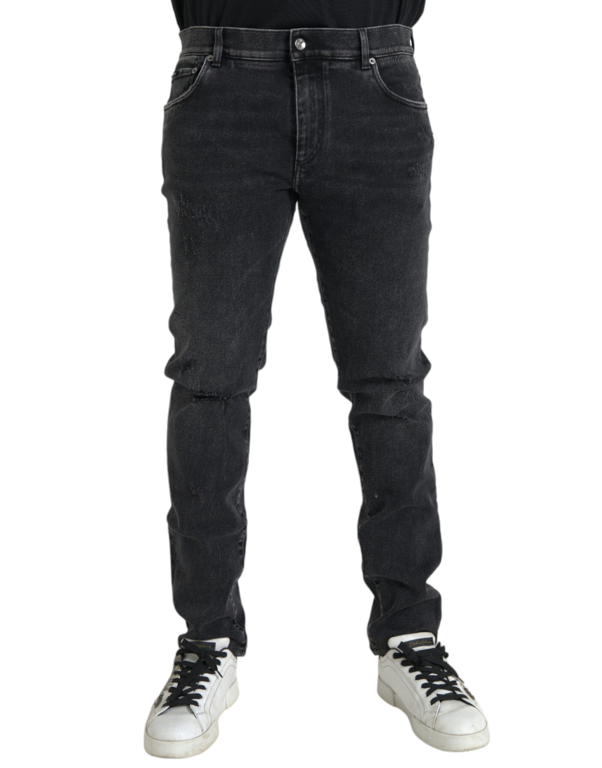 Gray Cotton Stretch Skinny Denim Logo Jeans - ventzia