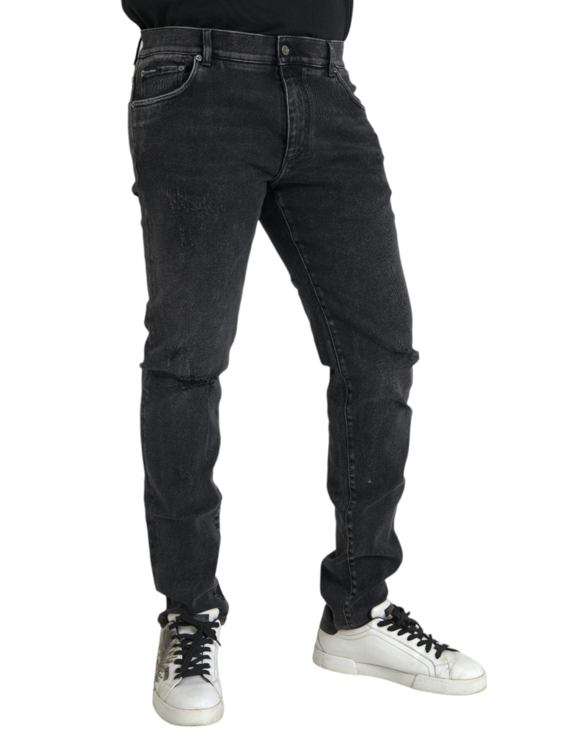 Gray Cotton Stretch Skinny Denim Logo Jeans - ventzia
