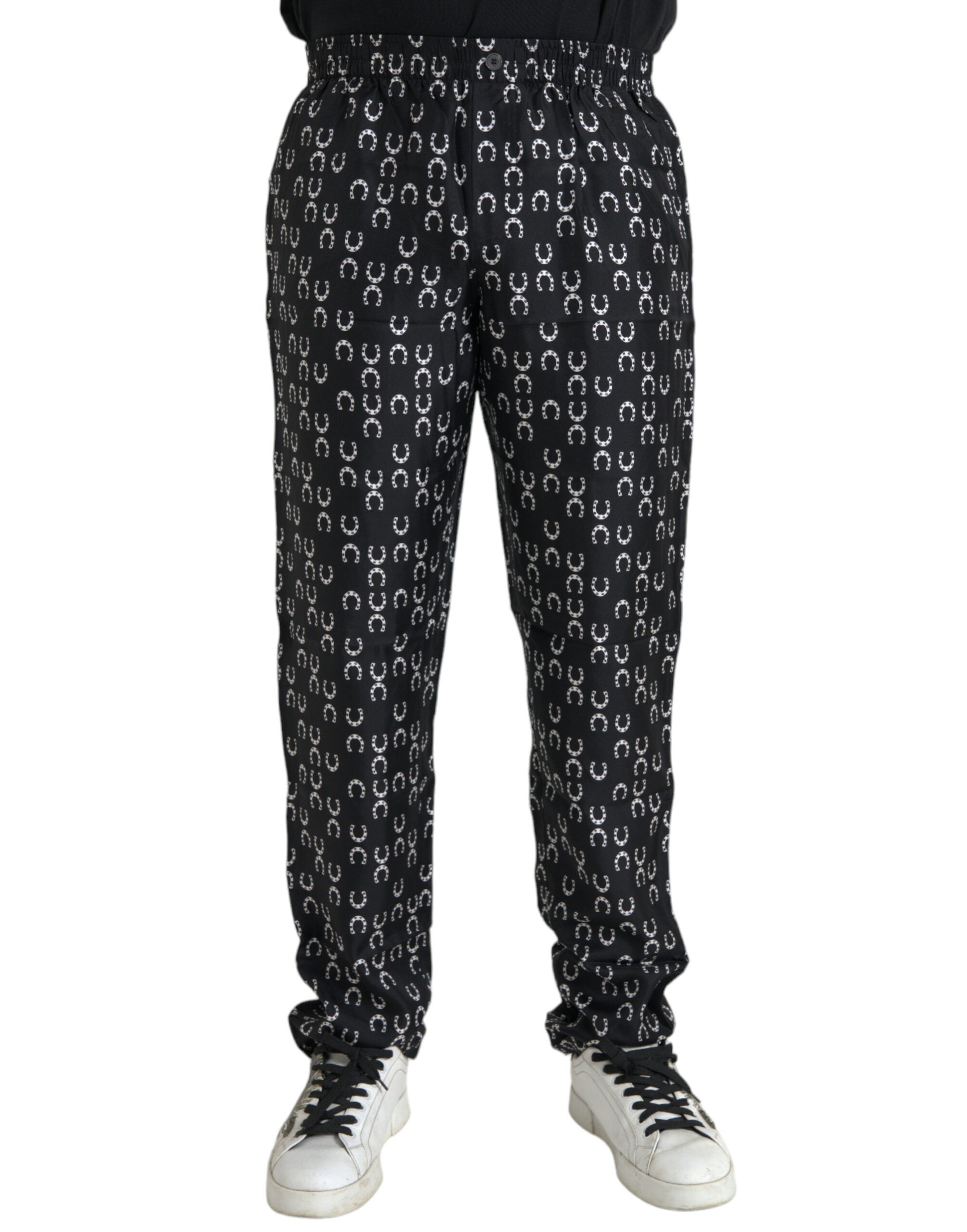 Black Horseshoe Print Silk Pants - ventzia