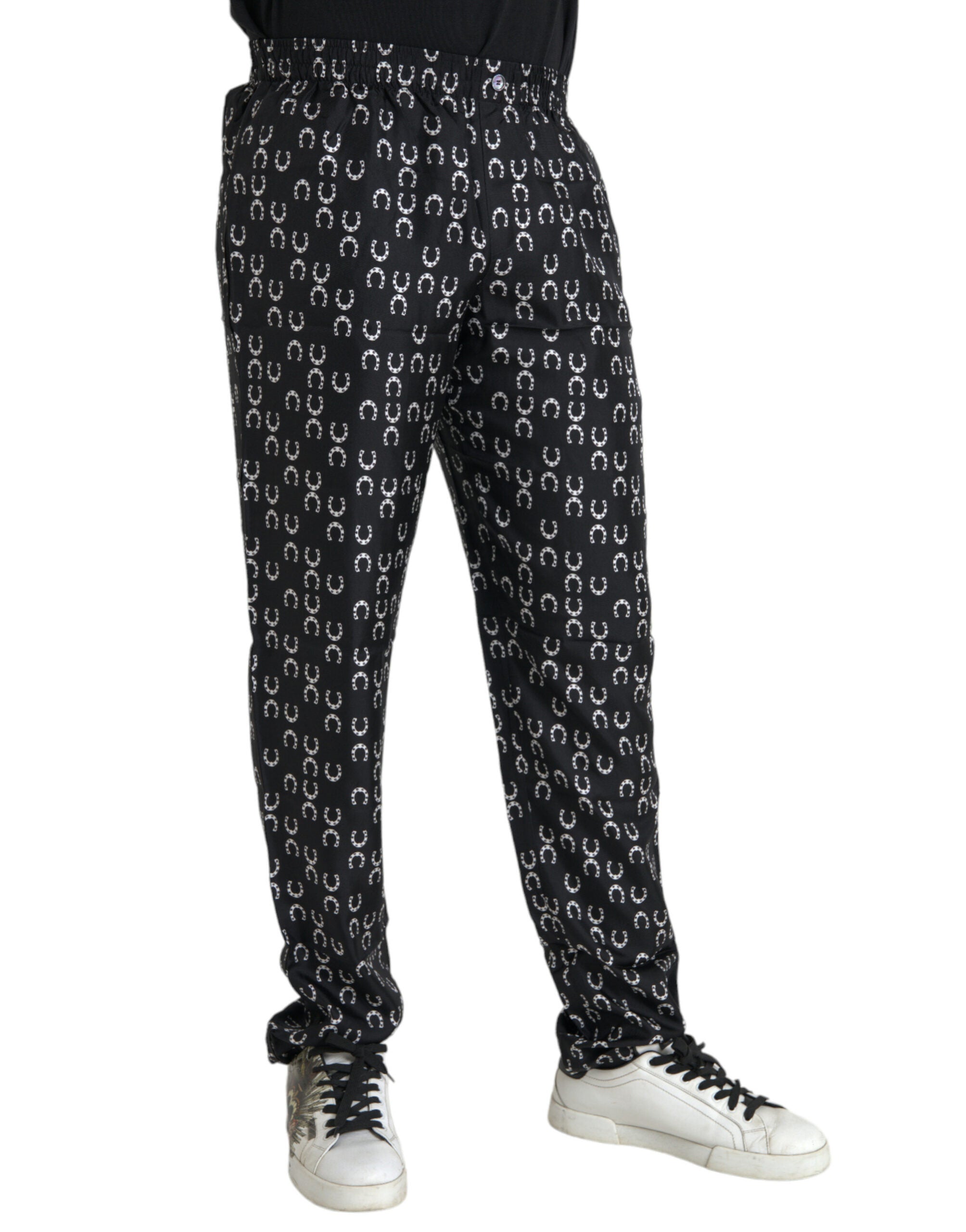 Black Horseshoe Print Silk Pants - ventzia