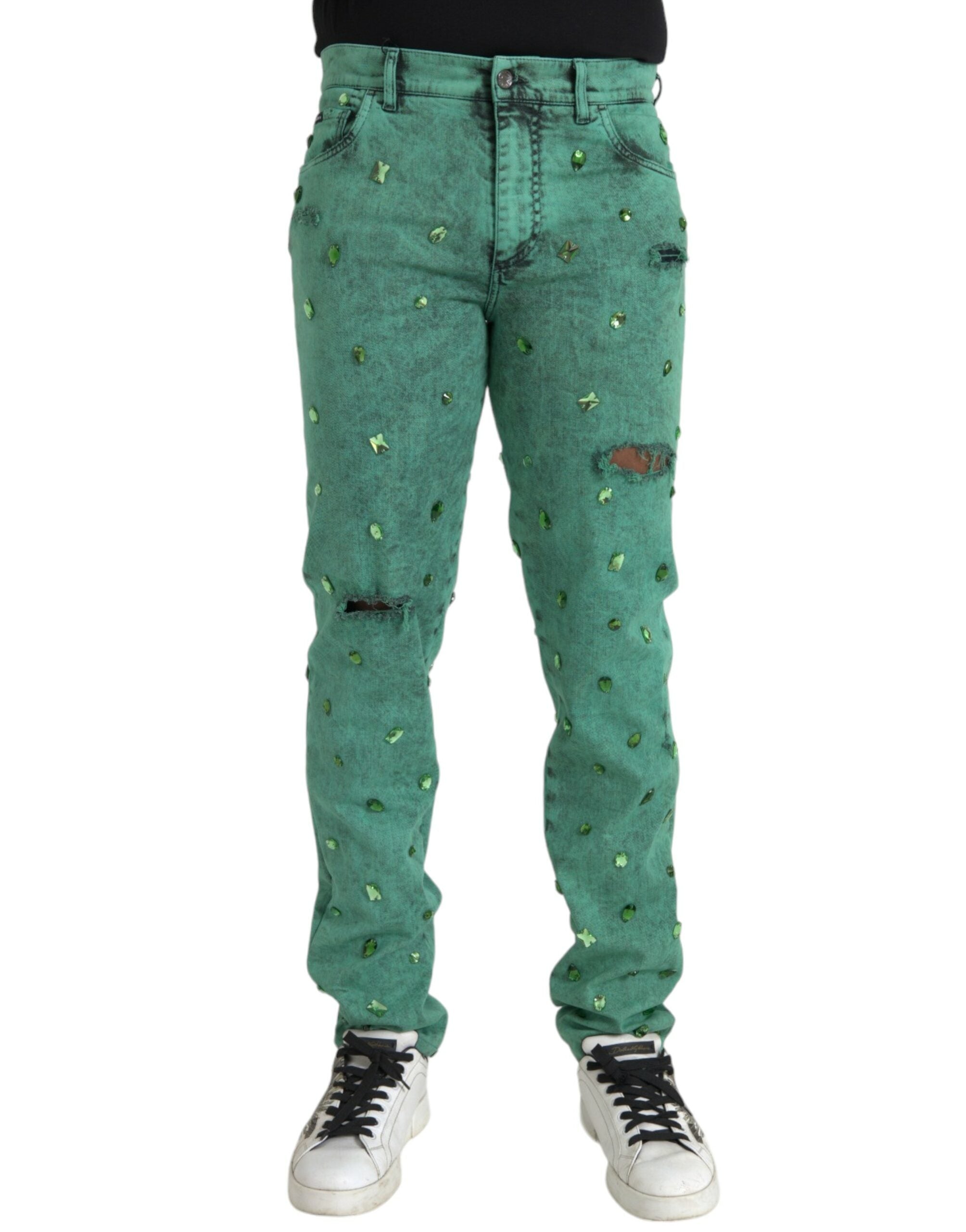 Green Crystals Cotton Stretch Slim Jeans - ventzia