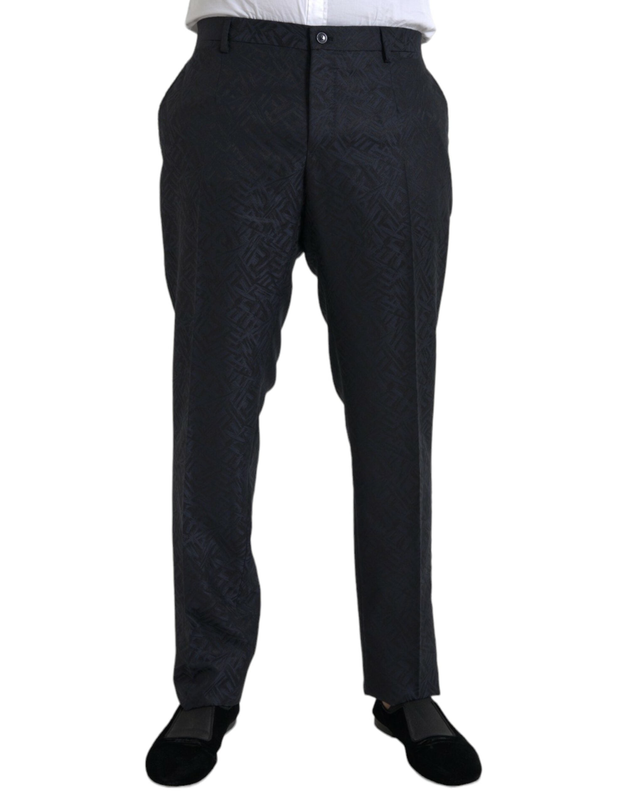 Blue Brocade Wool Skinny Men Dress Pants - ventzia