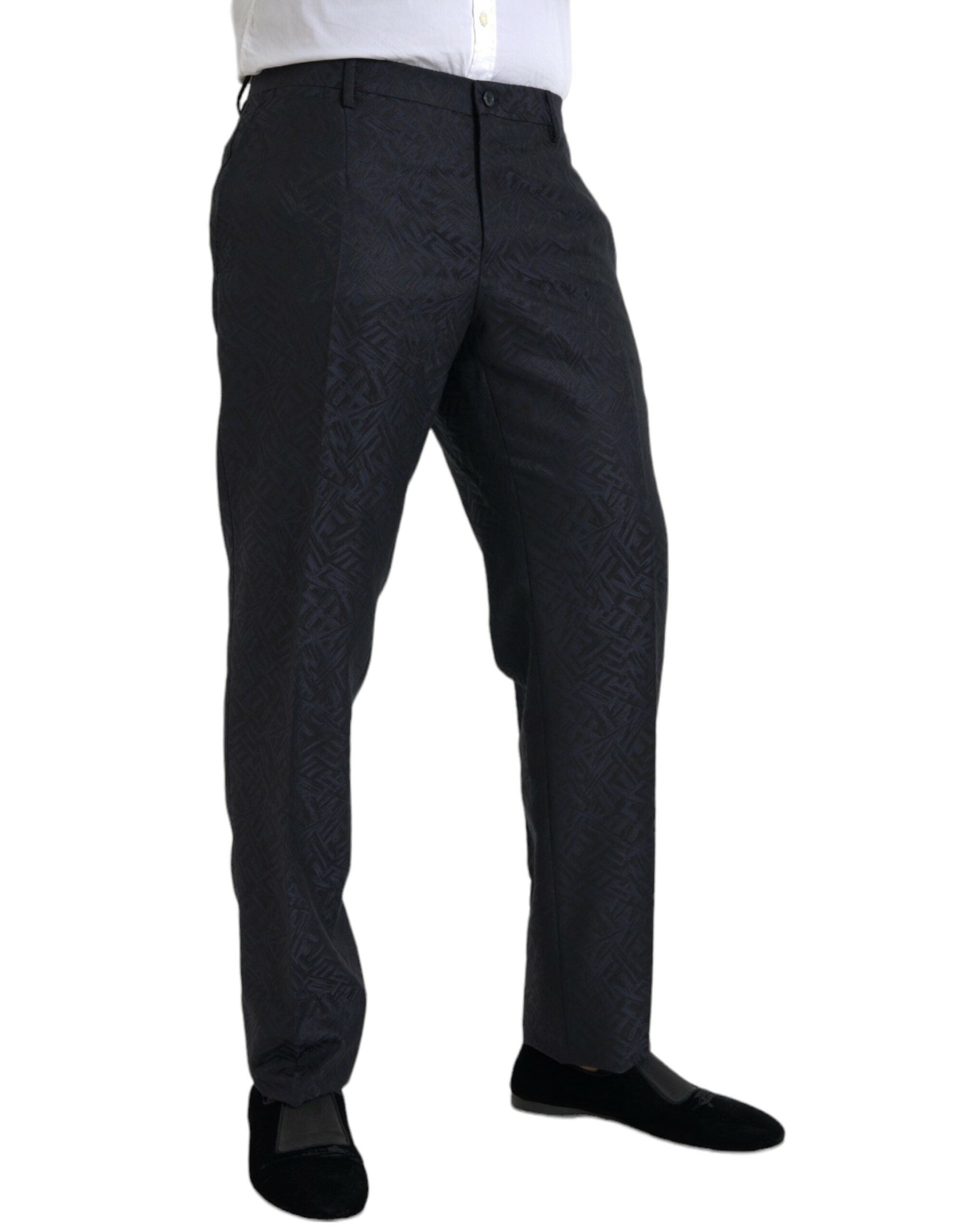 Blue Brocade Wool Skinny Men Dress Pants - ventzia