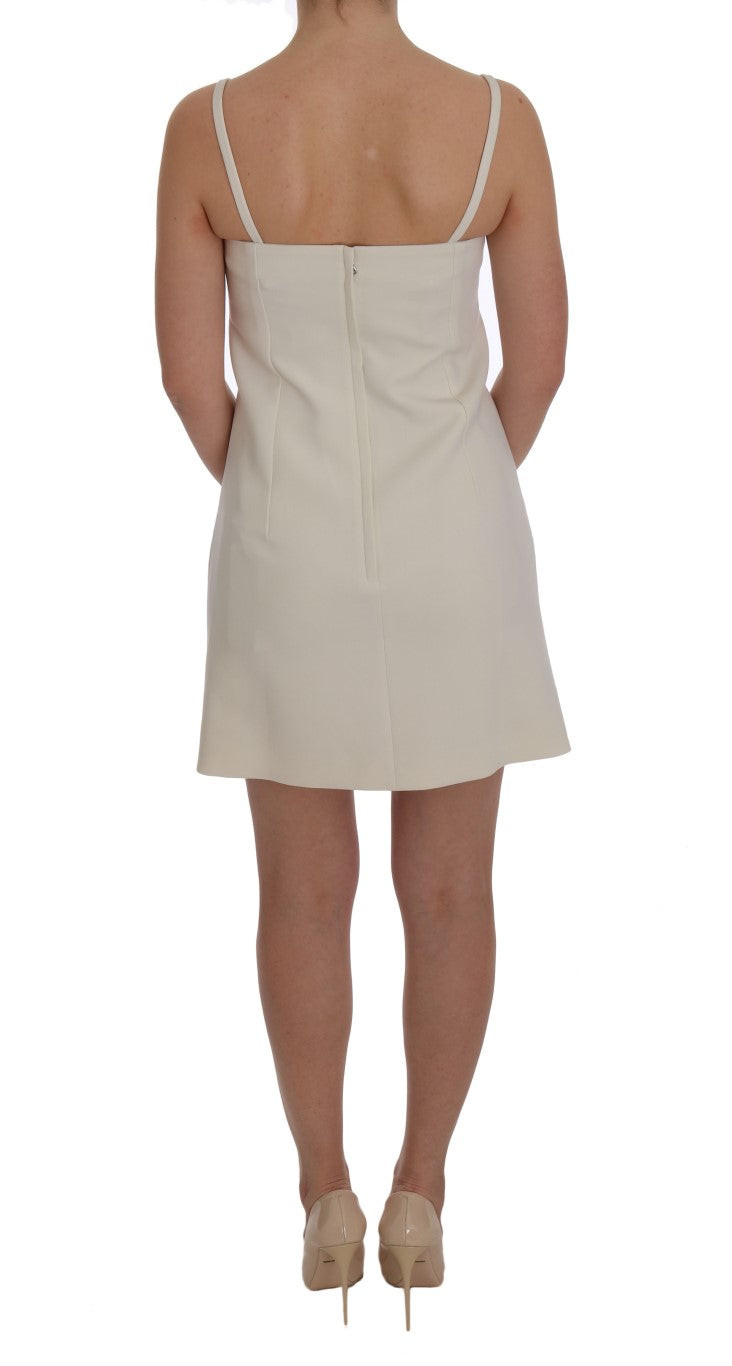 Elegant White Wool Shift Dress with Gold Brooch - ventzia