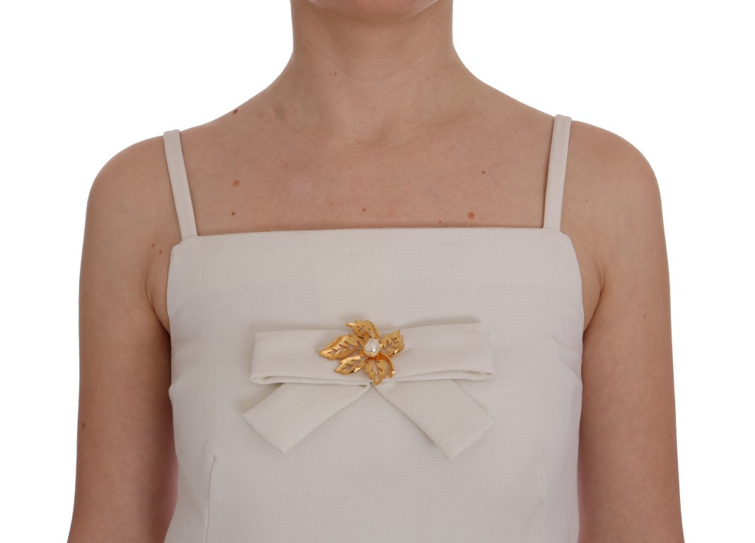 Elegant White Wool Shift Dress with Gold Brooch - ventzia