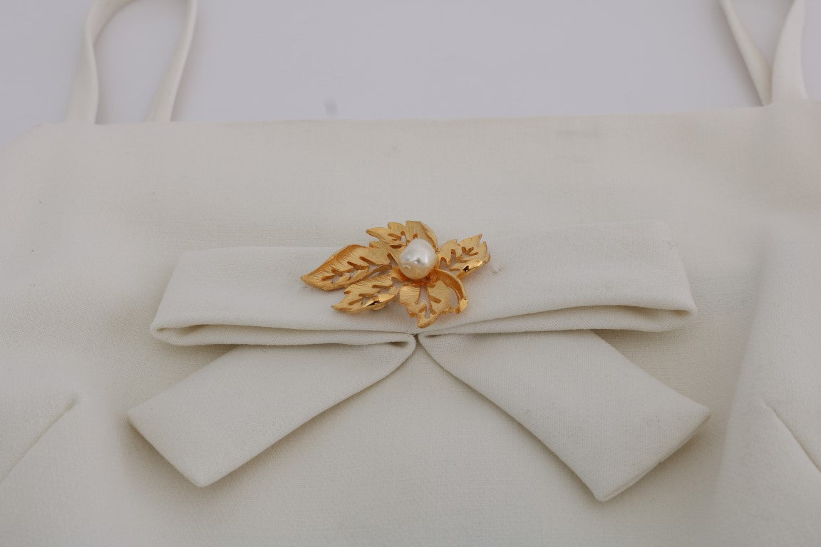 Elegant White Wool Shift Dress with Gold Brooch - ventzia