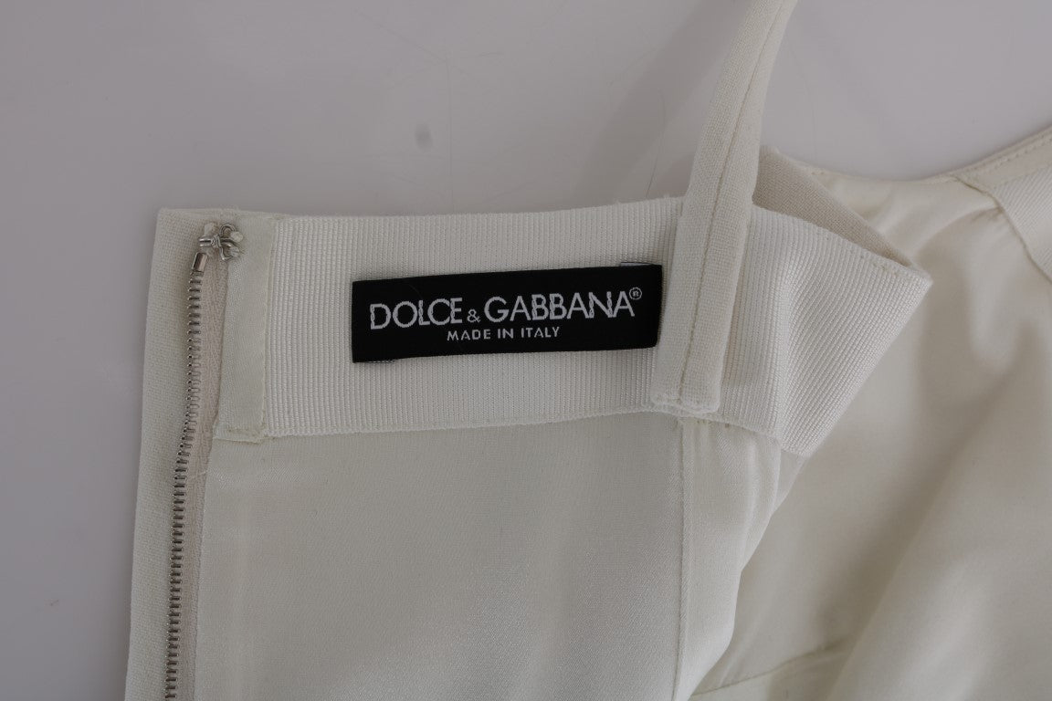 Elegant White Wool Shift Dress with Gold Brooch - ventzia