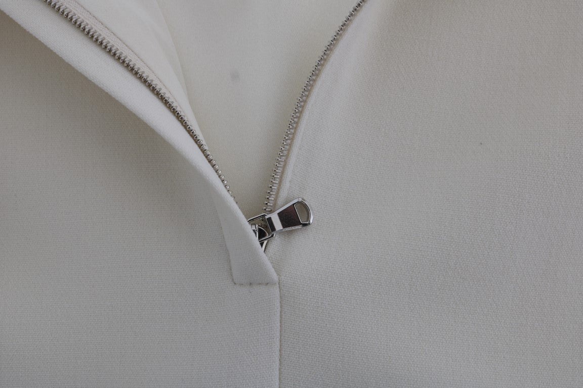 Elegant White Wool Shift Dress with Gold Brooch - ventzia