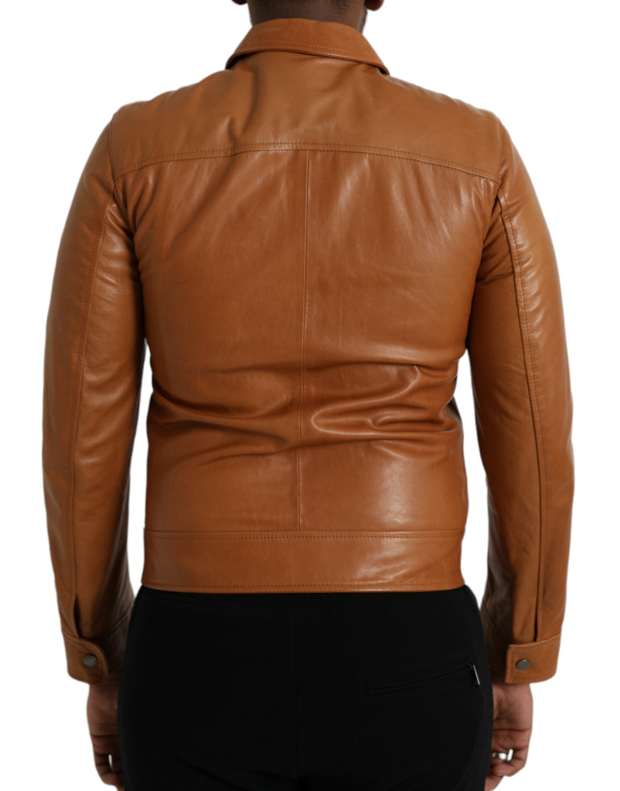 Brown Lamb Leather Full Zip Blouson Jacket - ventzia