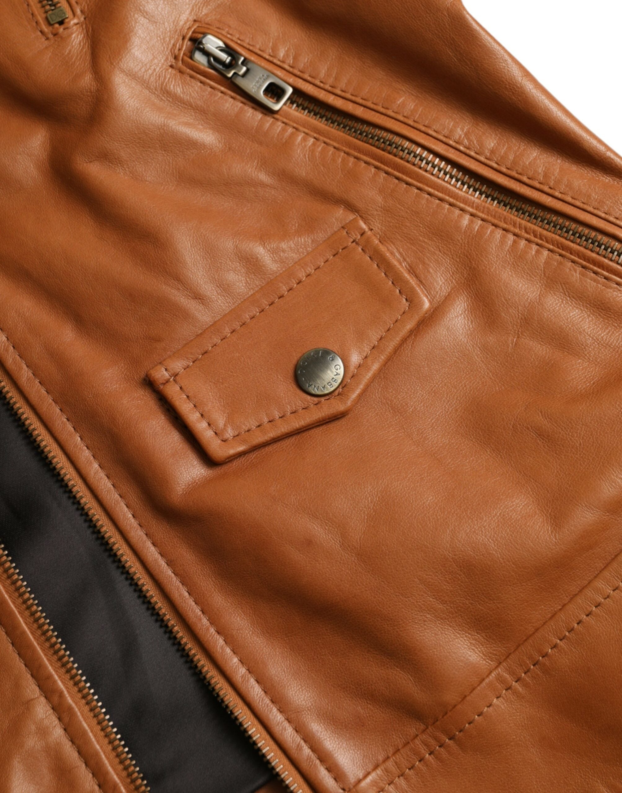 Brown Lamb Leather Full Zip Blouson Jacket - ventzia