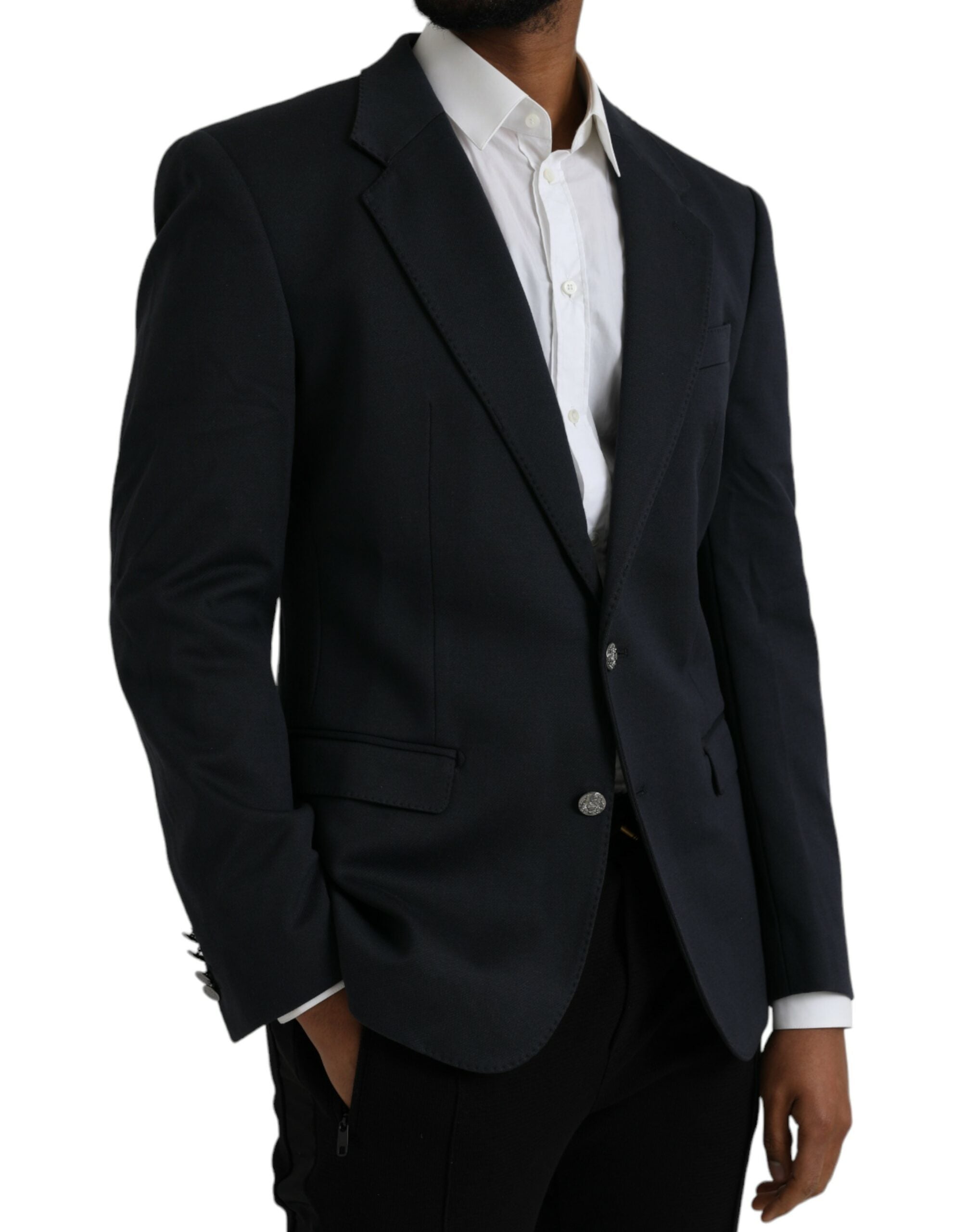 Dark Blue Cotton Single Breasted Coat Blazer - ventzia