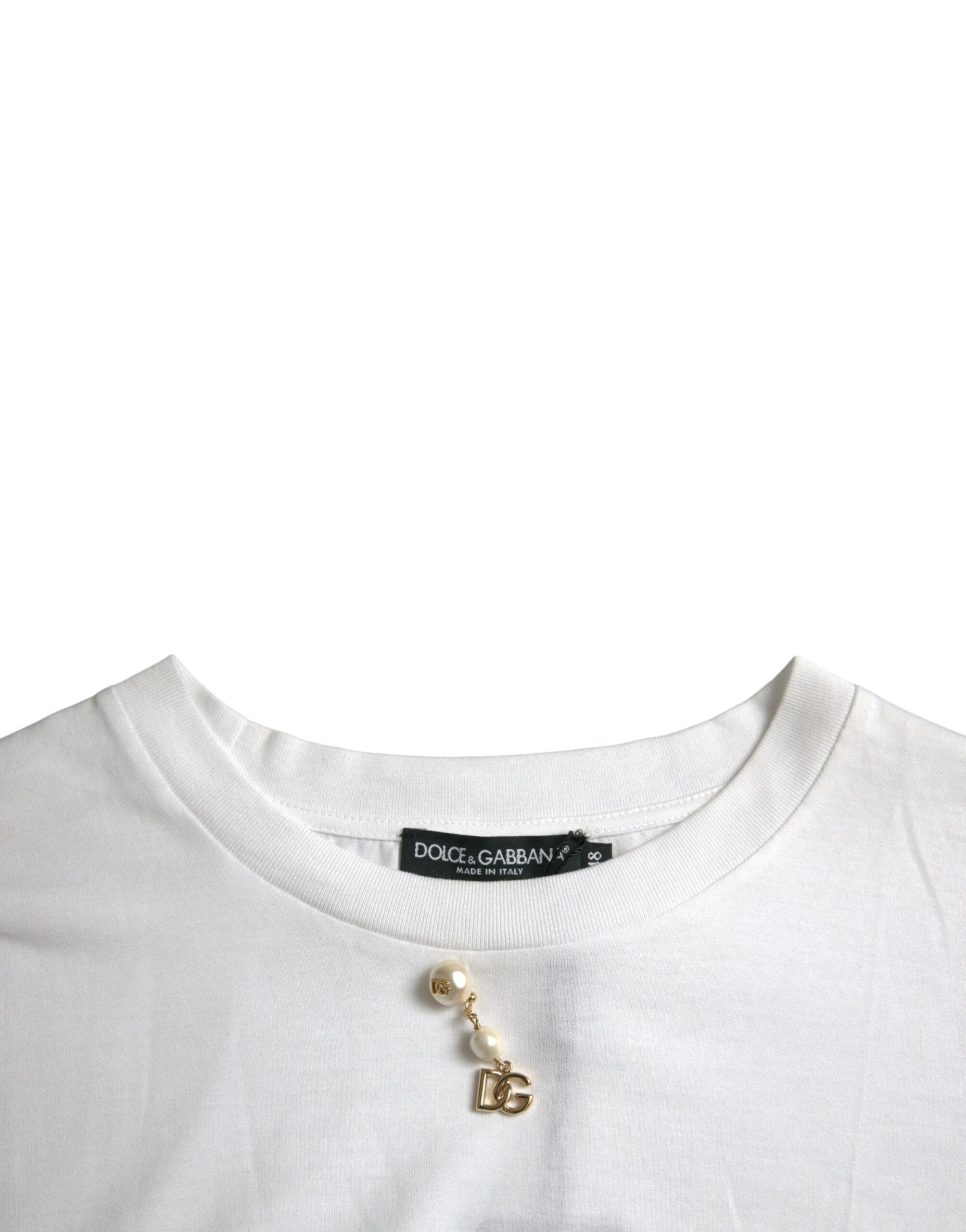 White Embellished Cotton Crew Neck T-shirt - ventzia