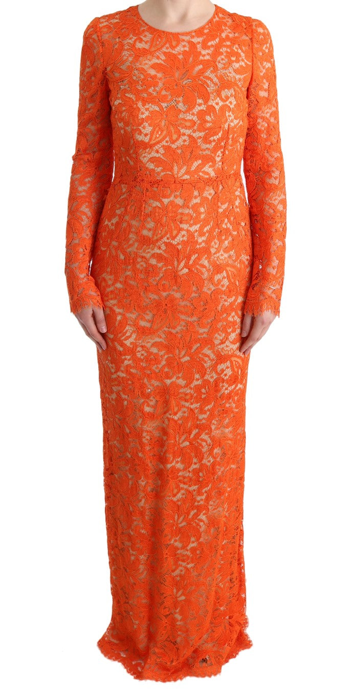 Elegant Long-Sleeve Full-Length Orange Sheath Dress - ventzia
